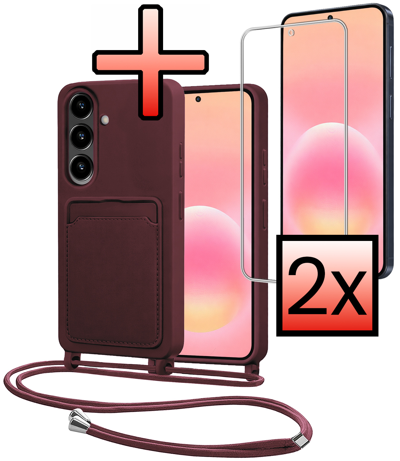 NoXx NoXx Samsung Galaxy A57 Hoesje Pashouder met Koord Met 2x Screenprotector - Aubergine