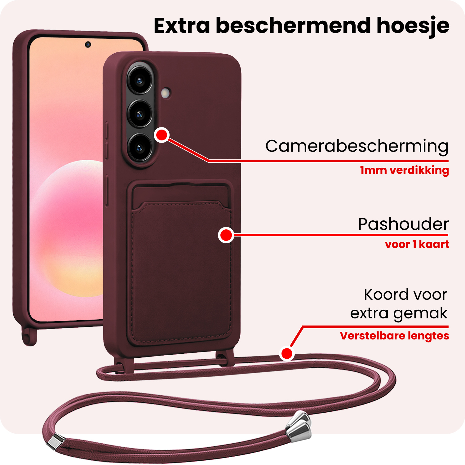 NoXx NoXx Samsung Galaxy A57 Hoesje Pashouder met Koord Met 2x Screenprotector - Aubergine