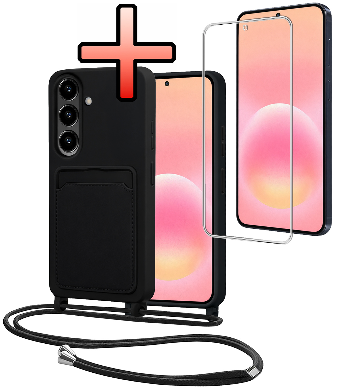 NoXx NoXx Samsung Galaxy A57 Hoesje Pashouder met Koord Met Screenprotector - Zwart