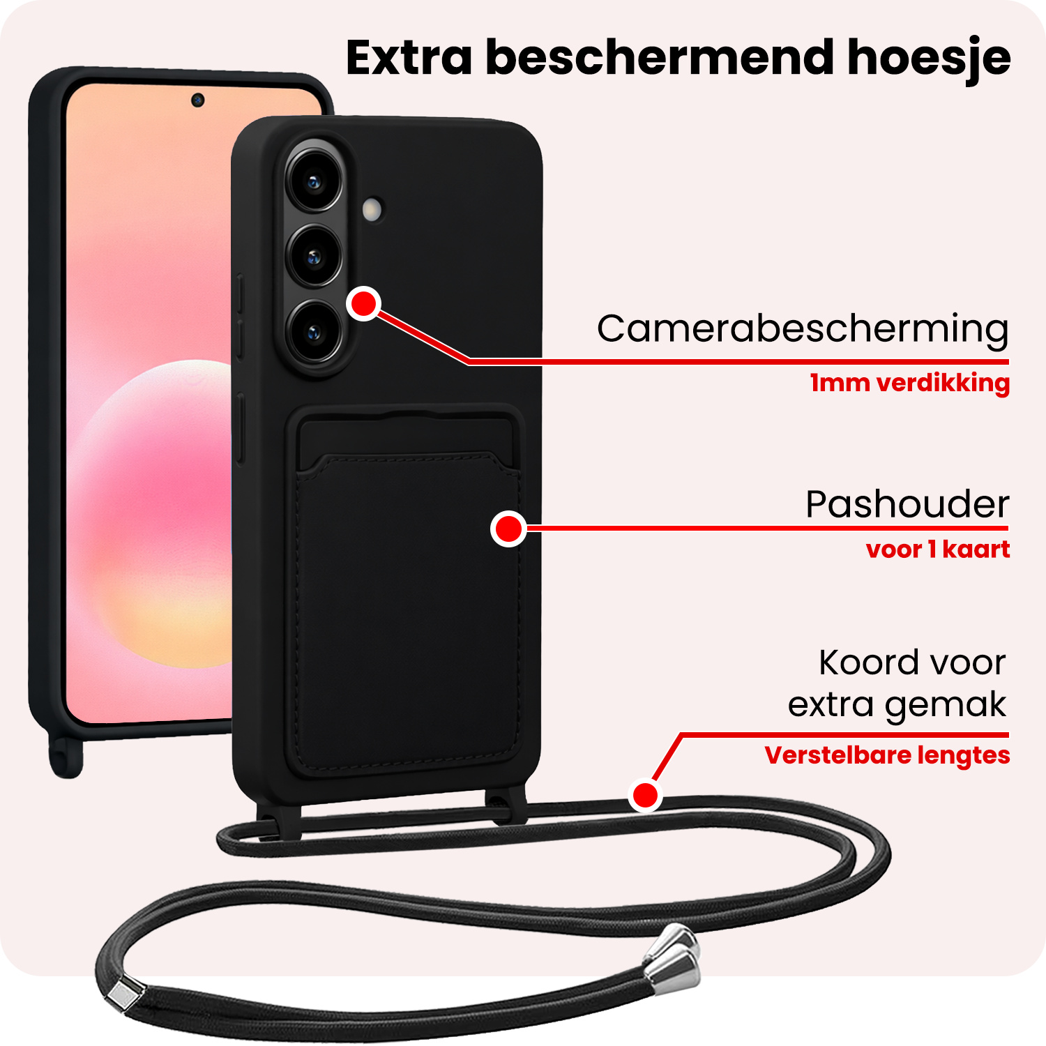 NoXx NoXx Samsung Galaxy A57 Hoesje Pashouder met Koord Met Screenprotector - Zwart