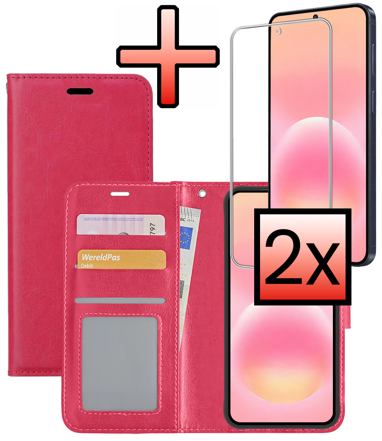 NoXx NoXx Samsung Galaxy A57 Hoesje Bookcase Met 2x Screenprotector - Donkerroze