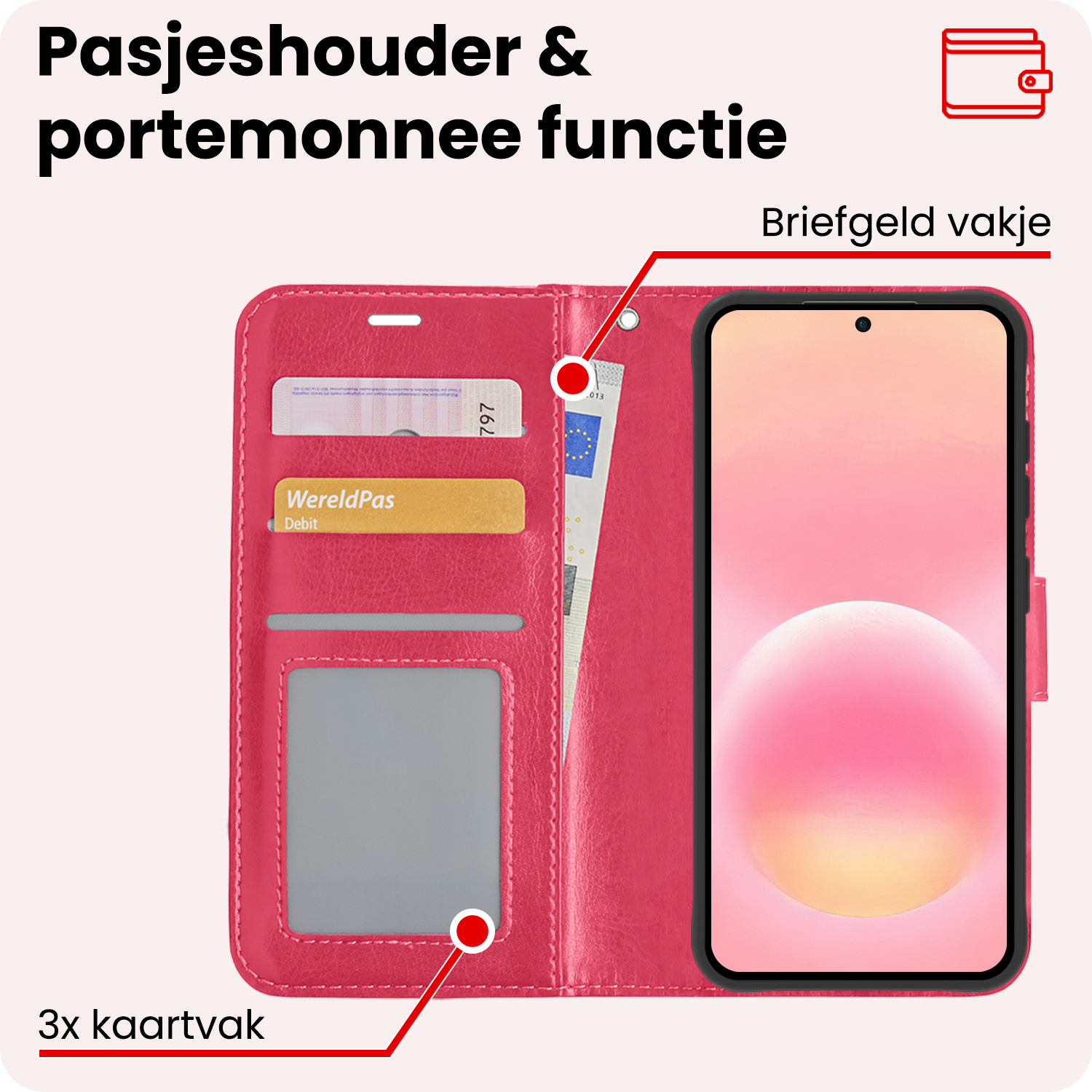 NoXx NoXx Samsung Galaxy A57 Hoesje Bookcase Met 2x Screenprotector - Donkerroze