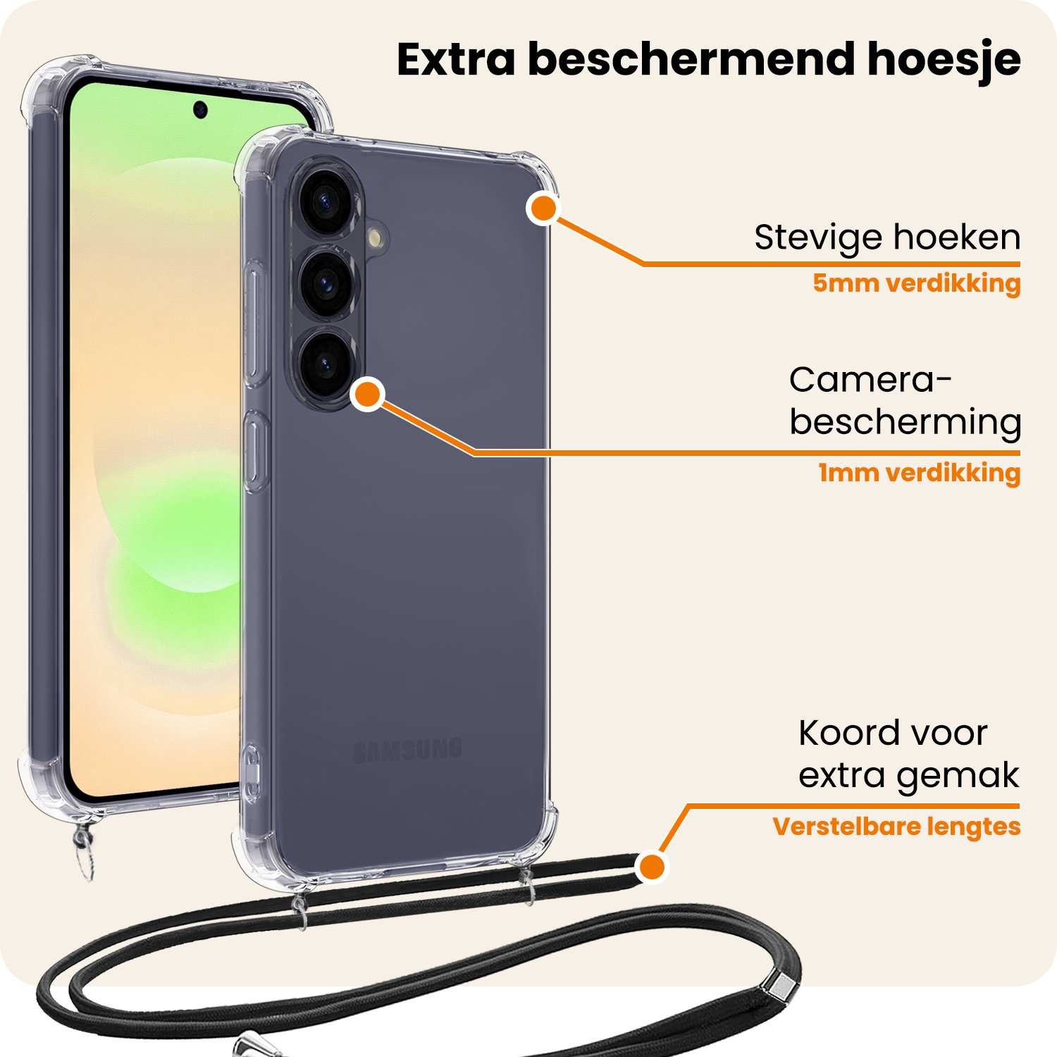 Nomfy Nomfy Samsung Galaxy A37 Hoesje Transparant Shockproof Met Zwart Koord