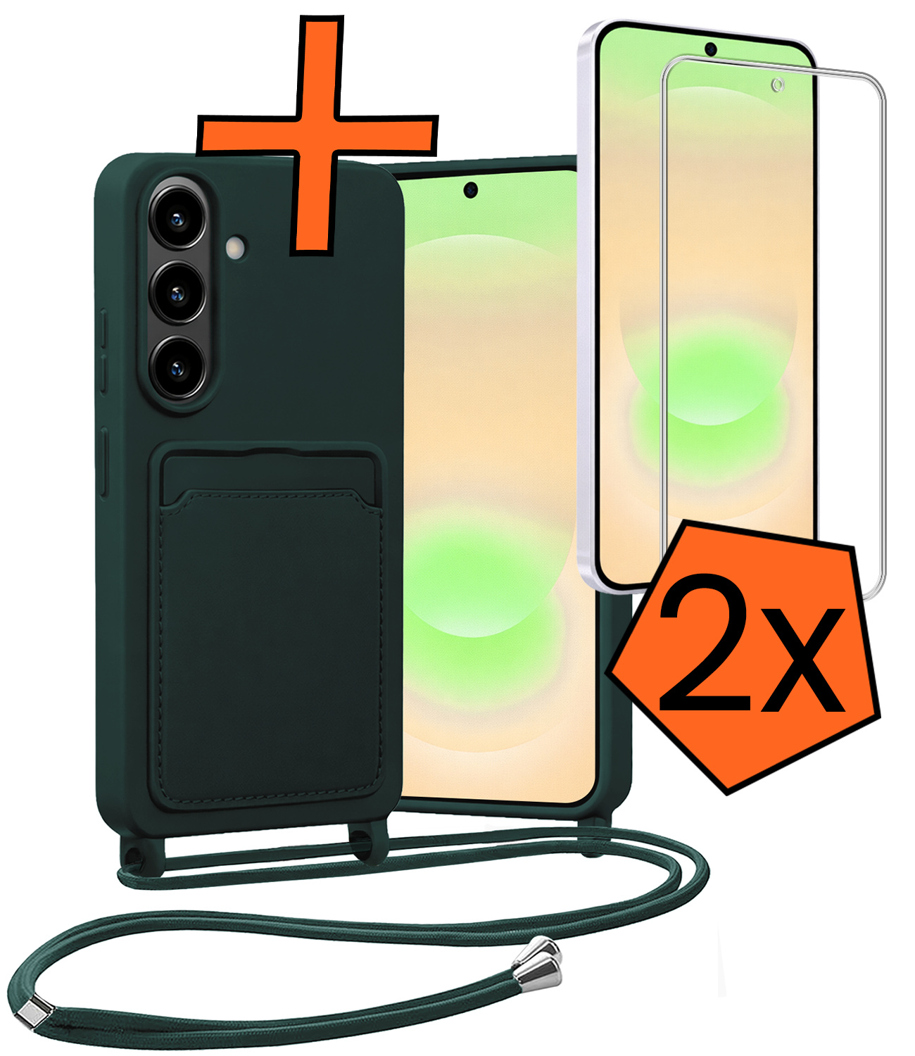 Nomfy Nomfy Samsung Galaxy A37 Hoesje Pashouder met Koord Met 2x Screenprotector - Donkergroen