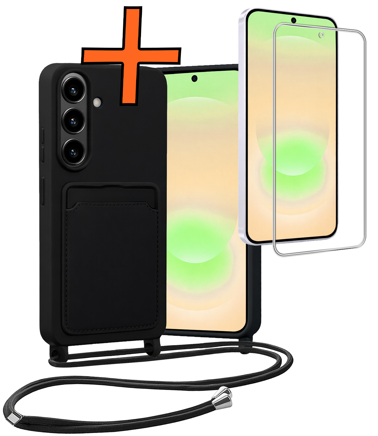 Nomfy Nomfy Samsung Galaxy A37 Hoesje Pashouder met Koord Met Screenprotector - Zwart