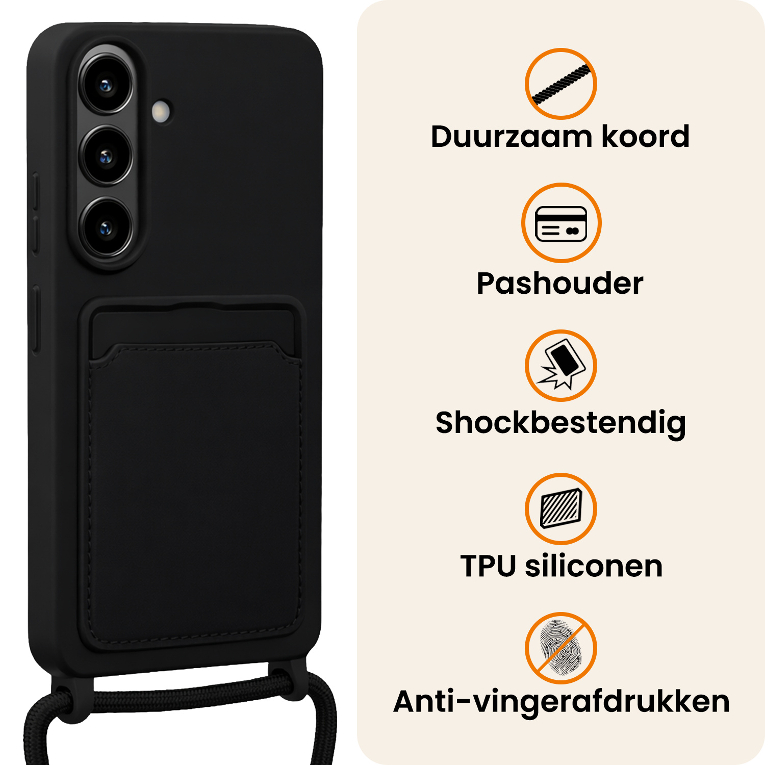 Nomfy Nomfy Samsung Galaxy A37 Hoesje Pashouder met Koord Met Screenprotector - Zwart