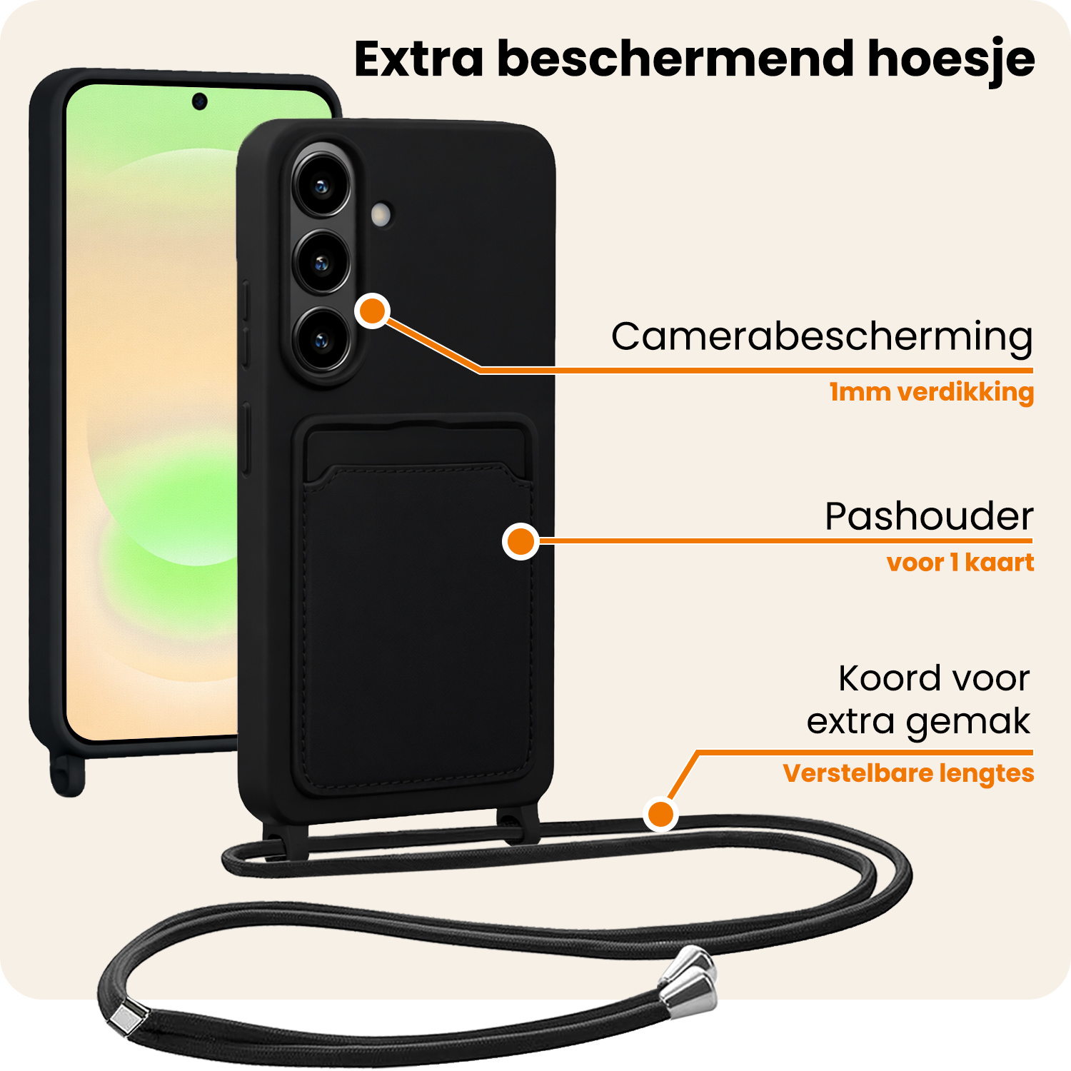 Nomfy Nomfy Samsung Galaxy A37 Hoesje Pashouder met Koord Met Screenprotector - Zwart