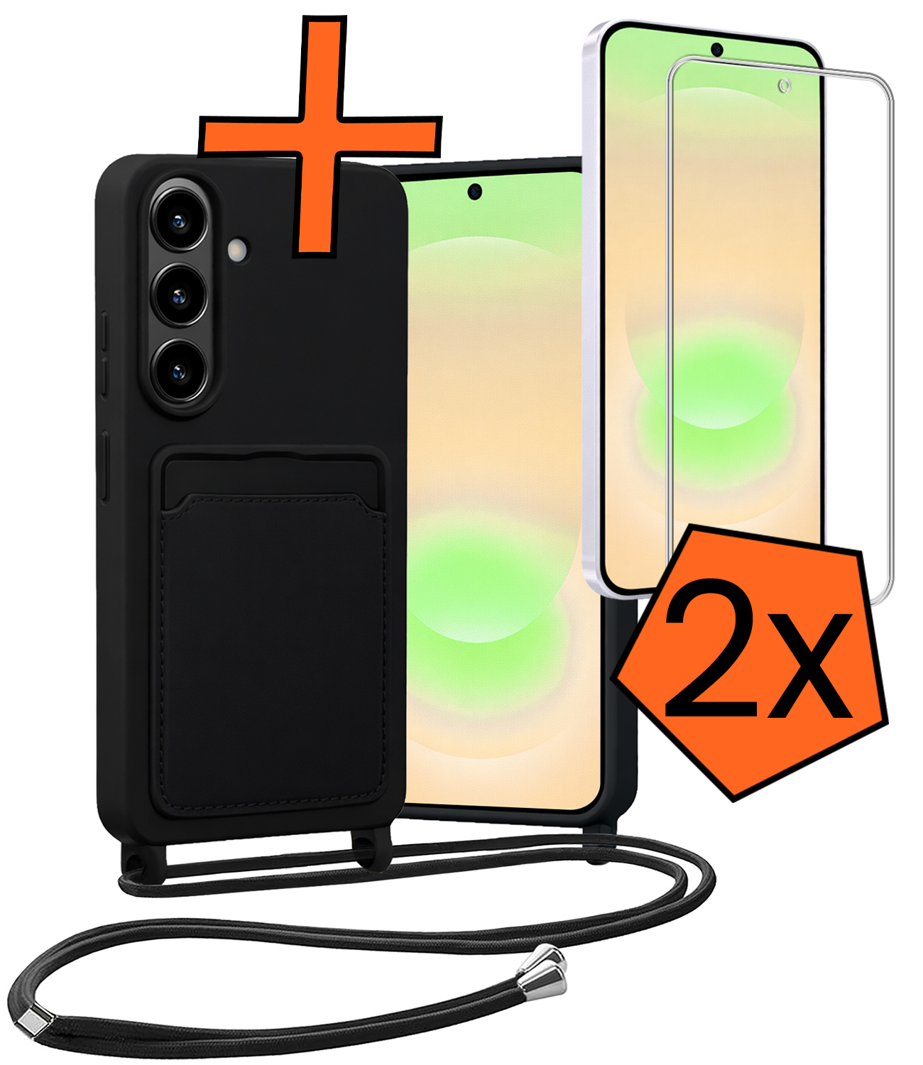 Nomfy Nomfy Samsung Galaxy A37 Hoesje Pashouder met Koord Met 2x Screenprotector - Zwart