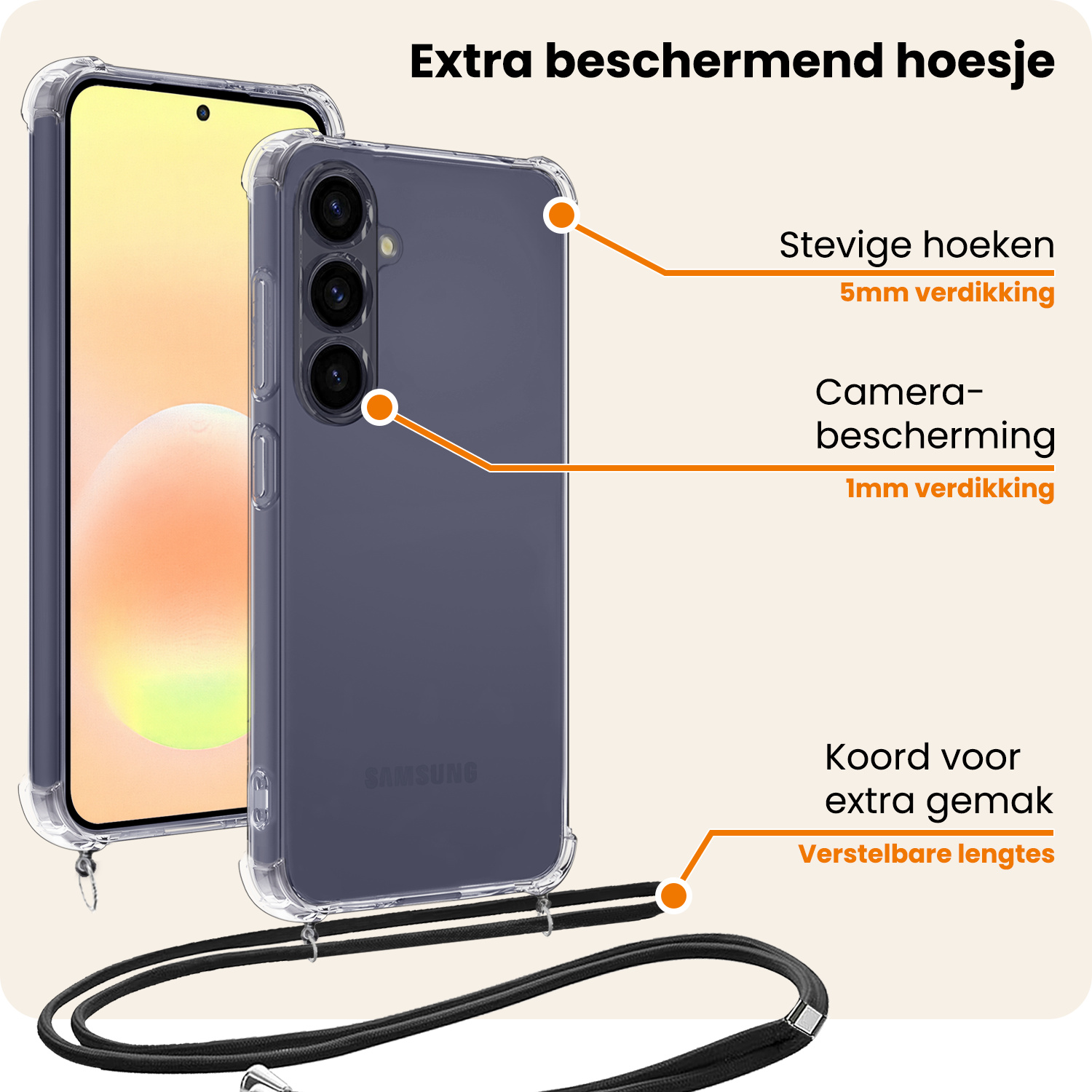 Nomfy Nomfy Samsung Galaxy A57 Hoesje Transparant Shockproof Met Zwart Koord