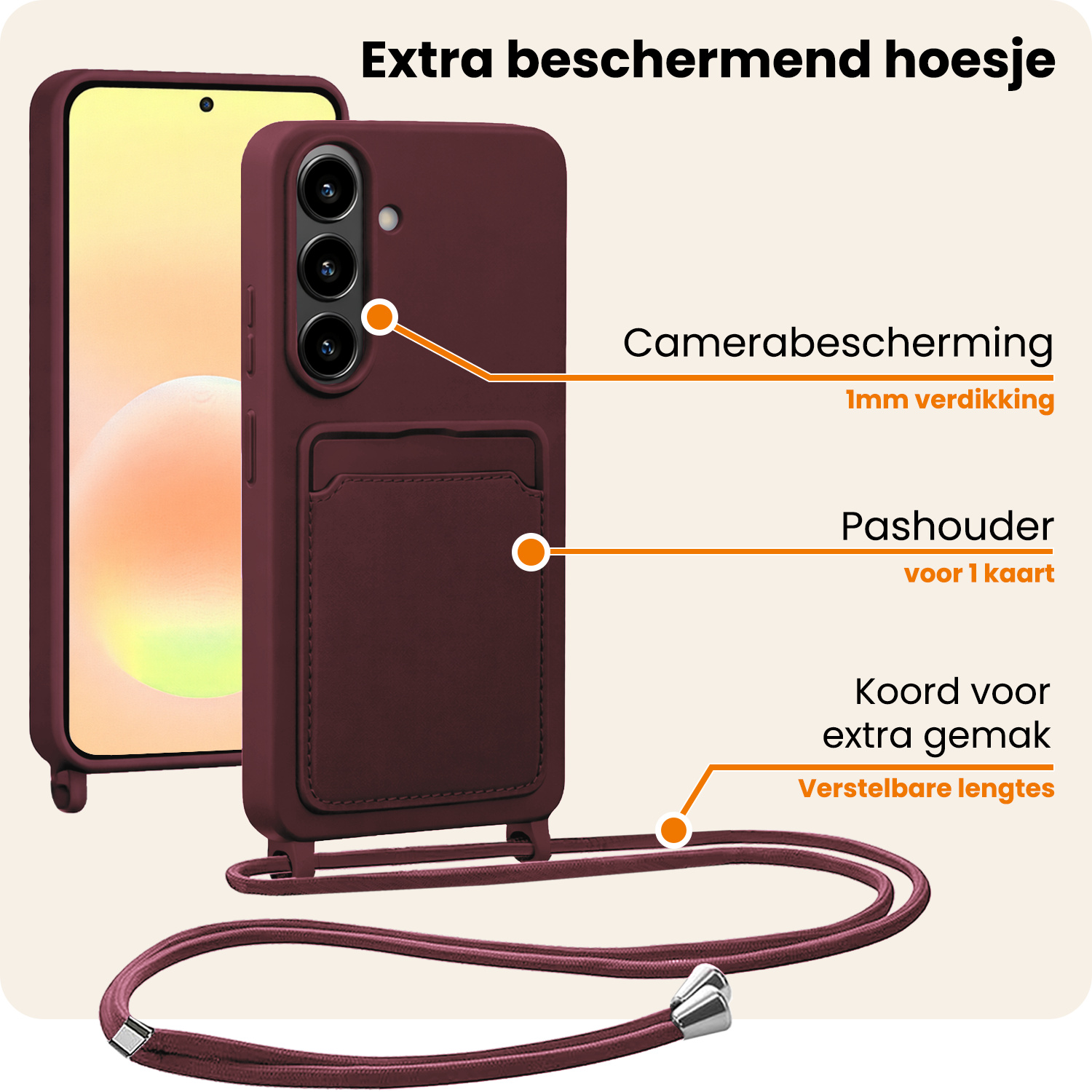 Nomfy Nomfy Samsung Galaxy A57 Hoesje Pashouder met Koord Met Screenprotector - Aubergine