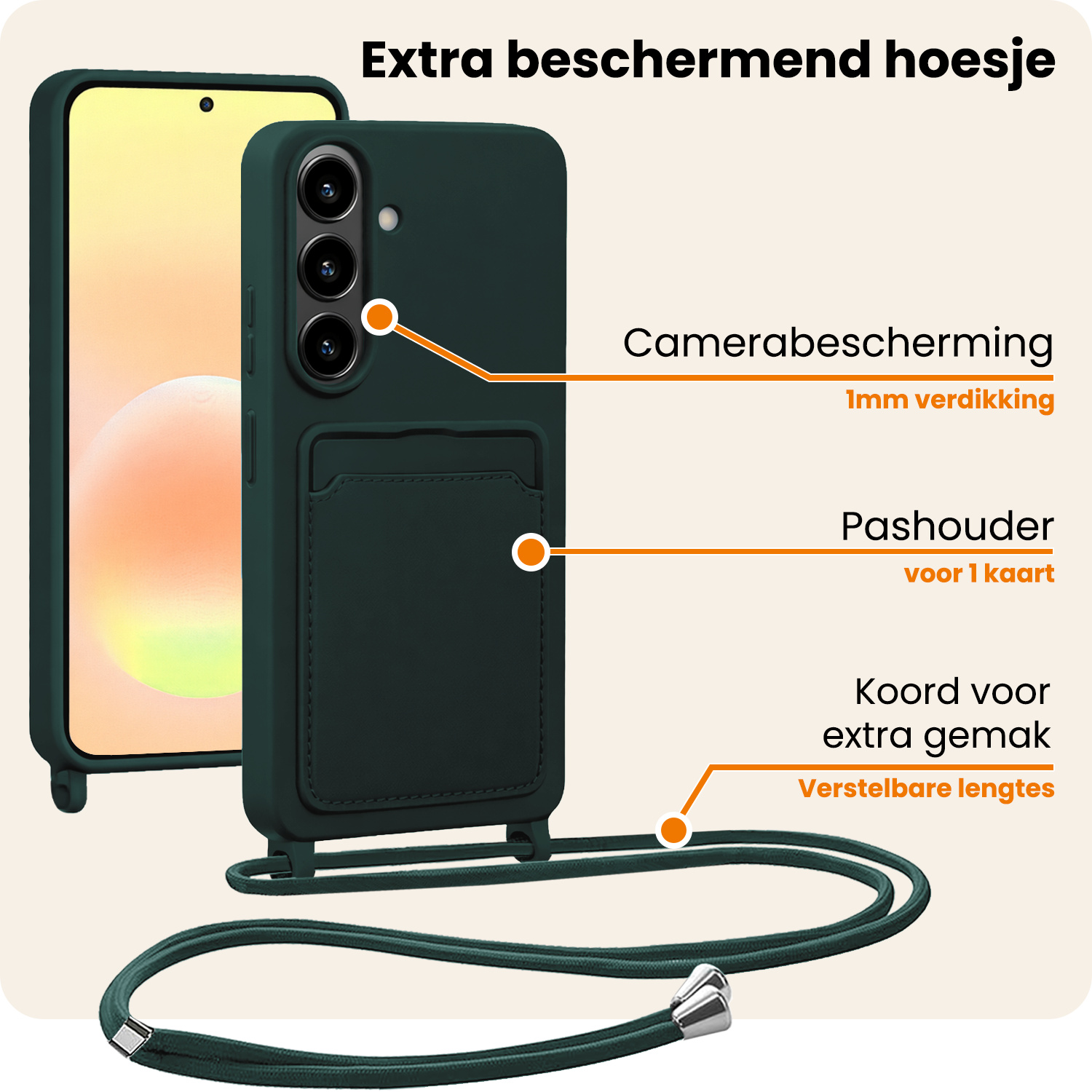 Nomfy Nomfy Samsung Galaxy A57 Hoesje Pashouder met Koord Met Screenprotector - Donkergroen