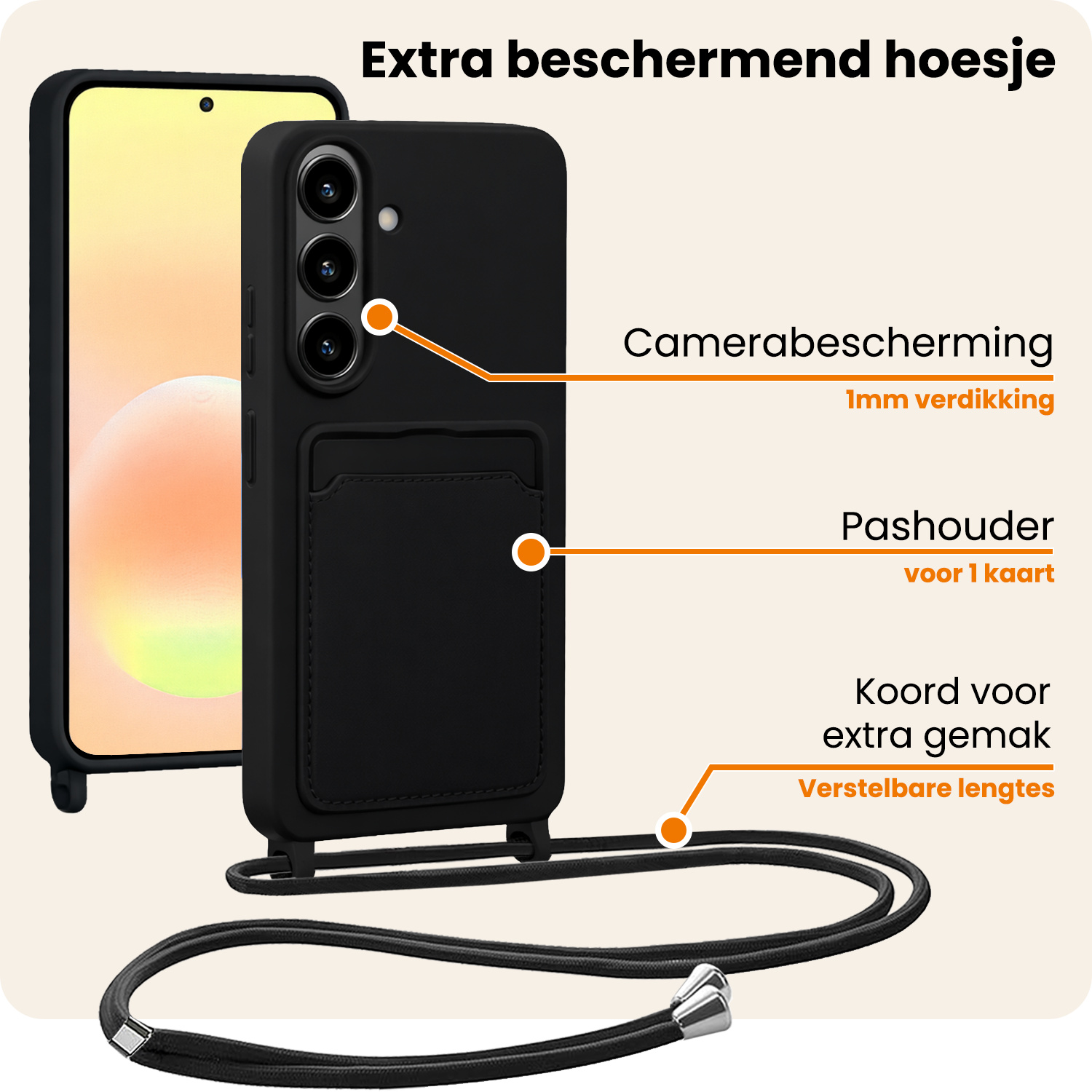 Nomfy Nomfy Samsung Galaxy A57 Hoesje Pashouder met Koord Met Screenprotector - Zwart