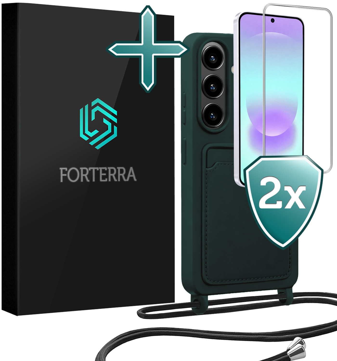 Forterra Forterra Samsung Galaxy A37 Hoesje Pashouder met Koord Met 2x Screenprotector - Donkergroen