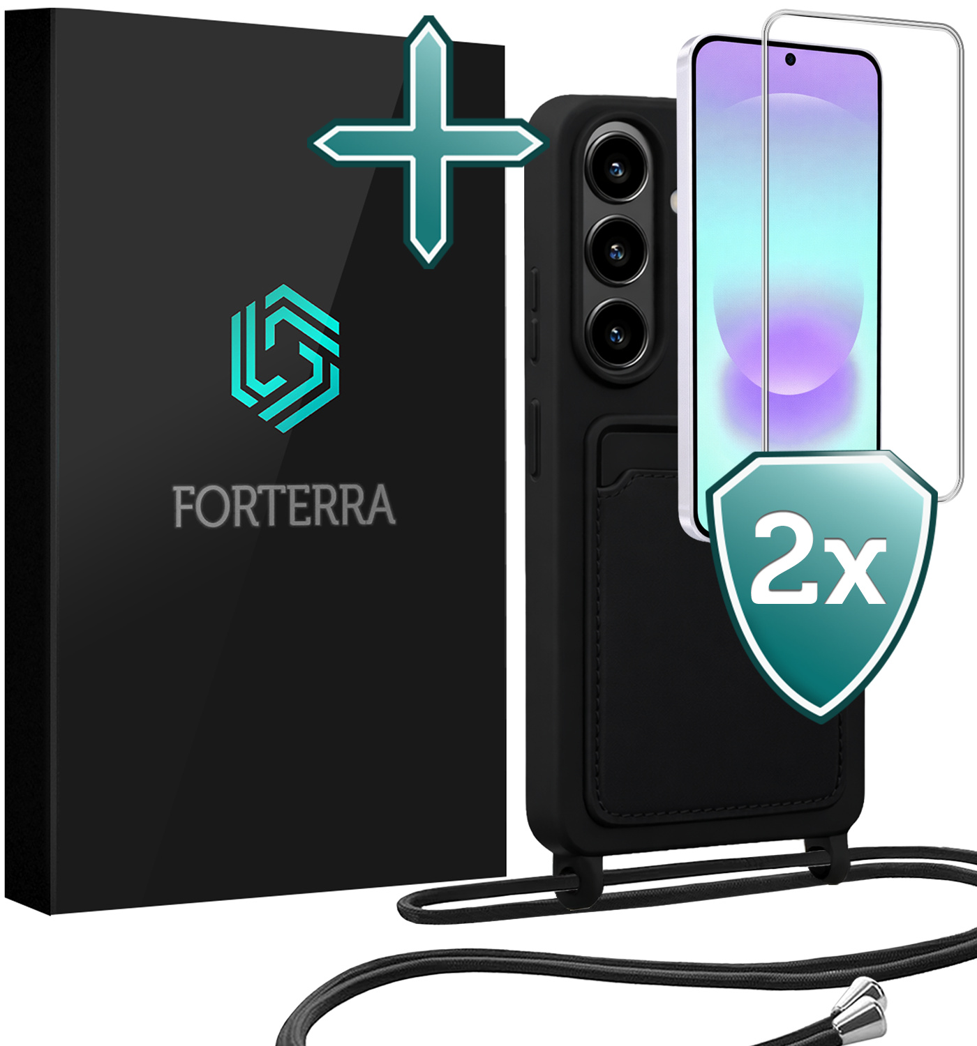 Forterra Forterra Samsung Galaxy A37 Hoesje Pashouder met Koord Met 2x Screenprotector - Zwart