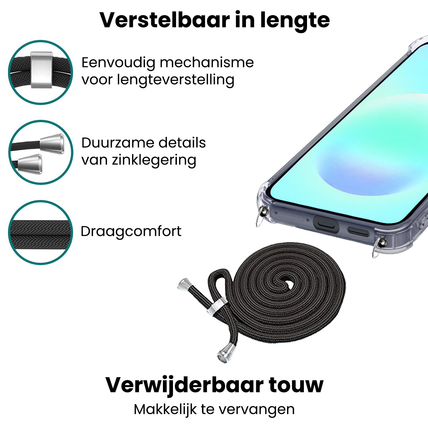 Forterra Forterra Samsung Galaxy A57 Hoesje Transparant Shockproof Met Zwart Koord
