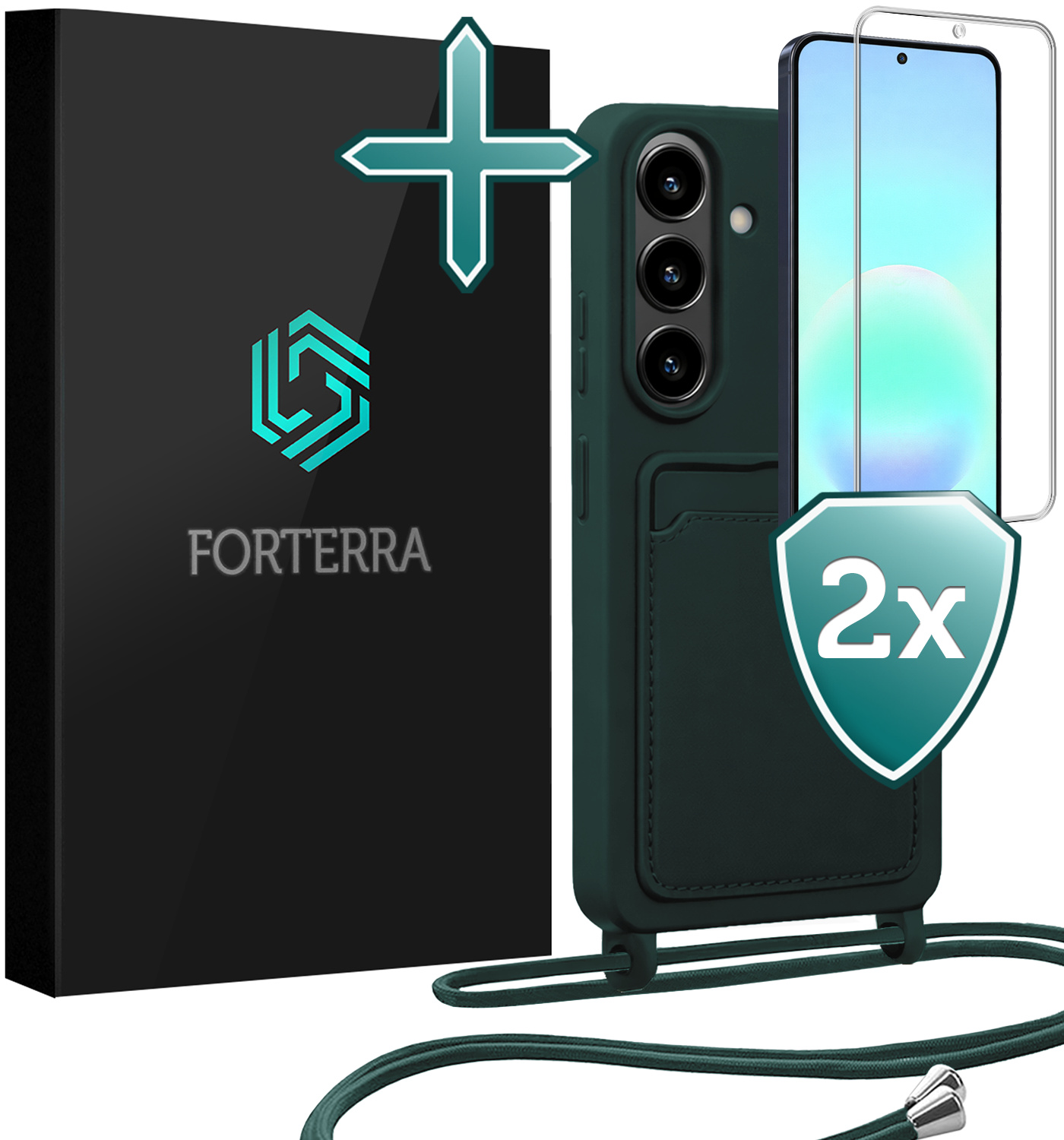 Forterra Forterra Samsung Galaxy A57 Hoesje Pashouder met Koord Met 2x Screenprotector - Donkergroen