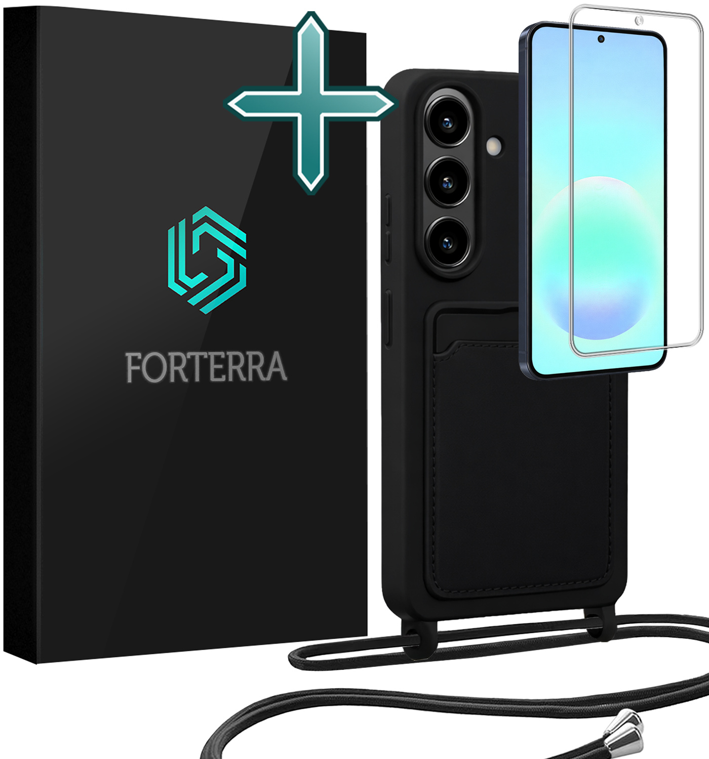 Forterra Forterra Samsung Galaxy A57 Hoesje Pashouder met Koord Met Screenprotector - Zwart