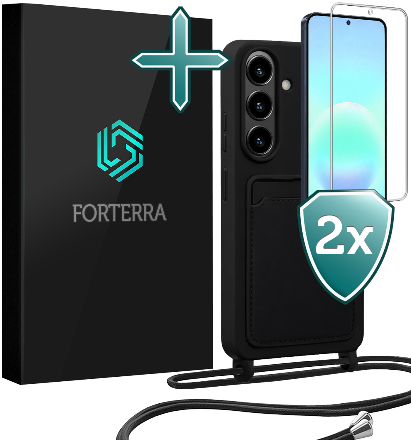 Forterra Forterra Samsung Galaxy A57 Hoesje Pashouder met Koord Met 2x Screenprotector - Zwart