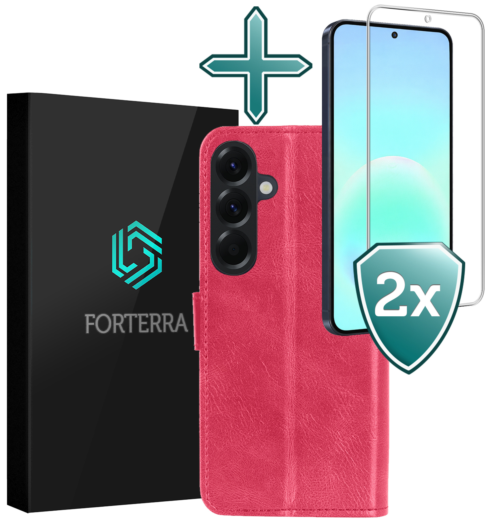 Forterra Forterra Samsung Galaxy A57 Hoesje Bookcase Met 2x Screenprotector - Donkerroze