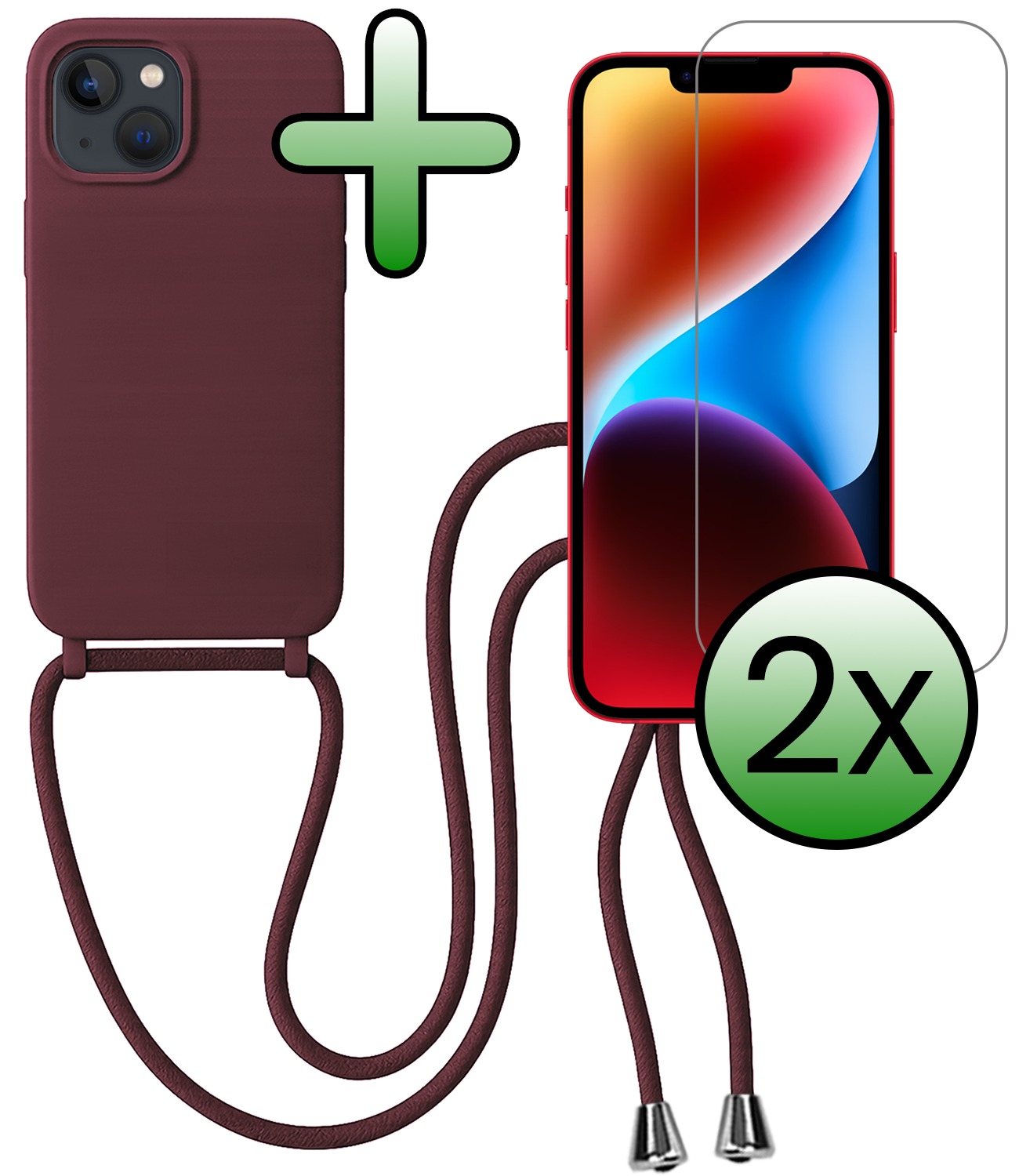 BASEY. BASEY. iPhone 13 Mini Hoesje Met Koord Met 2x Screenprotector - Aubergine