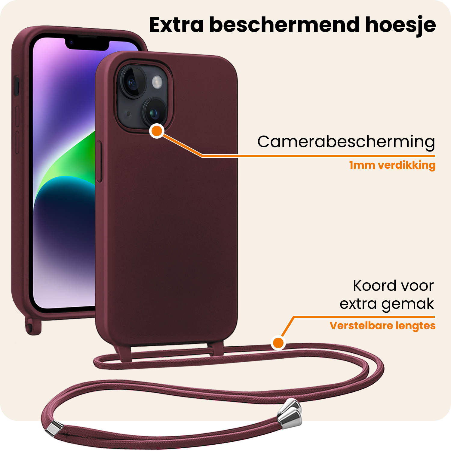 Nomfy Nomfy iPhone 13 Mini Hoesje Met Koord - Aubergine - 2 PACK