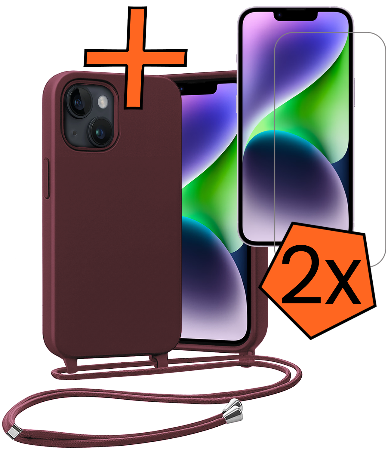 Nomfy Nomfy iPhone 13 Mini Hoesje Met Koord Met 2x Screenprotector - Aubergine