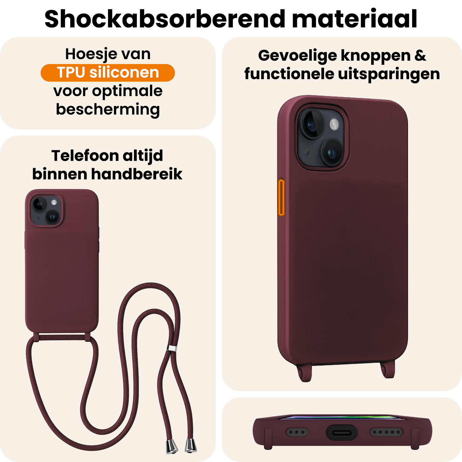 Nomfy Nomfy iPhone 13 Mini Hoesje Met Koord Met 2x Screenprotector - Aubergine