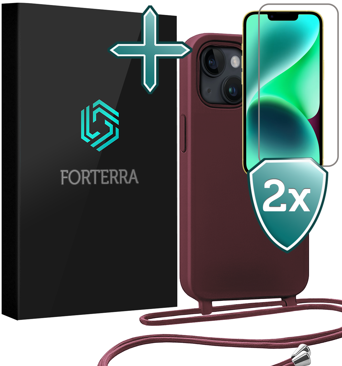 Forterra Forterra iPhone 13 Mini Hoesje Met Koord Met 2x Screenprotector - Aubergine