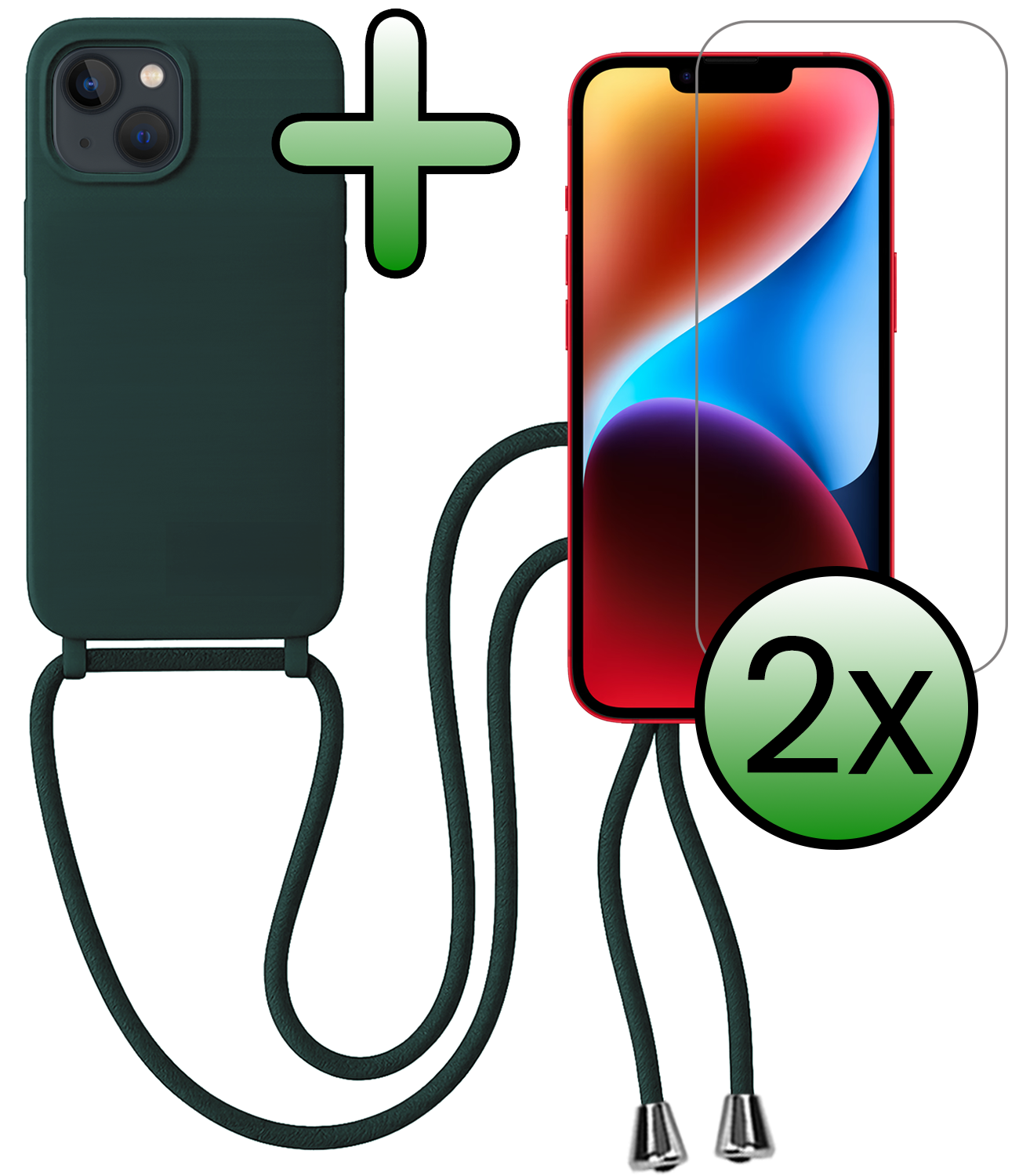 BASEY. BASEY. iPhone 13 Mini Hoesje Met Koord Met 2x Screenprotector - Donkergroen