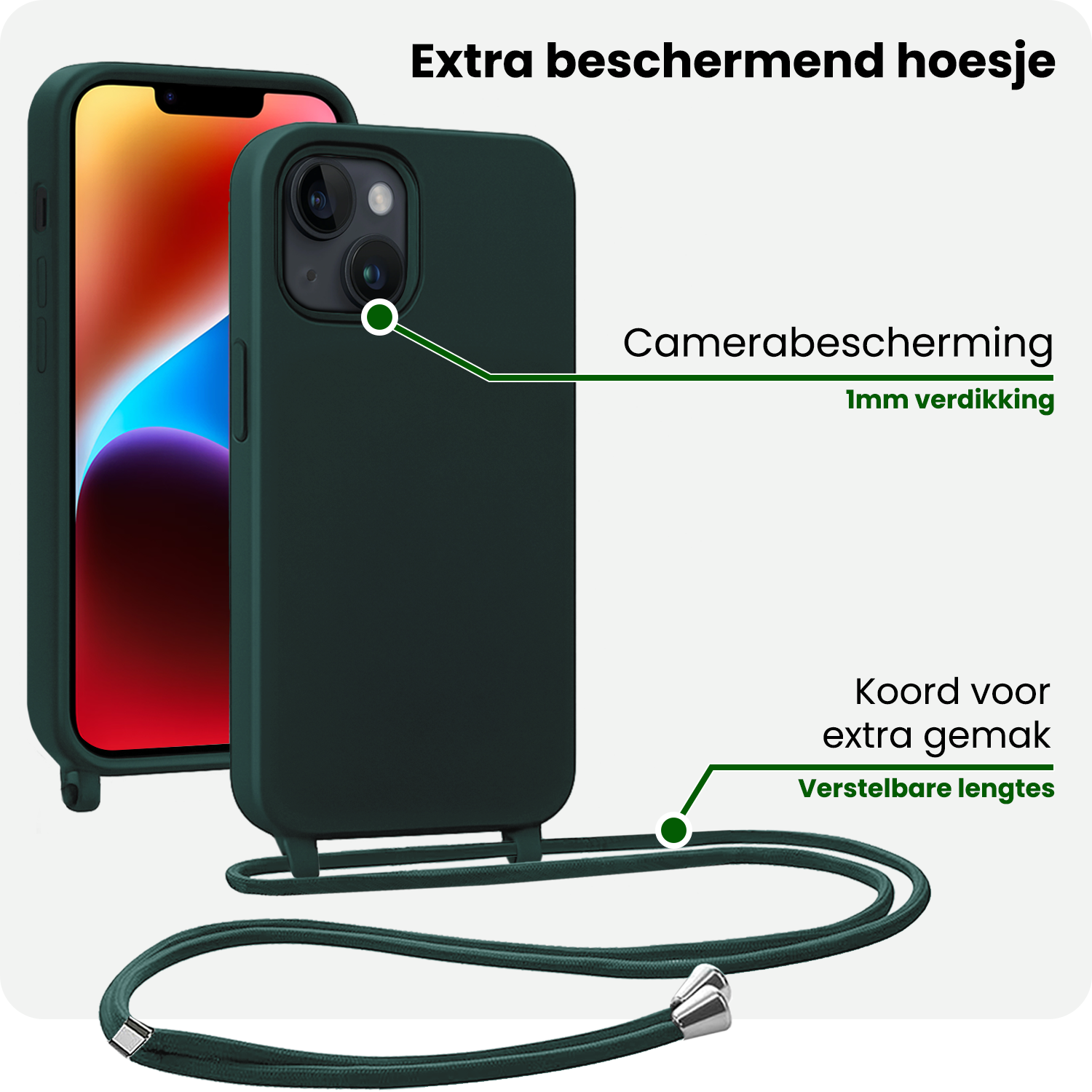 BASEY. BASEY. iPhone 13 Mini Hoesje Met Koord Met 2x Screenprotector - Donkergroen