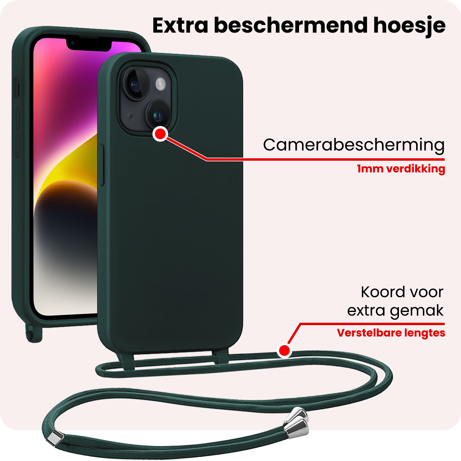 NoXx NoXx iPhone 13 Mini Hoesje Met Koord Met 2x Screenprotector - Donkergroen