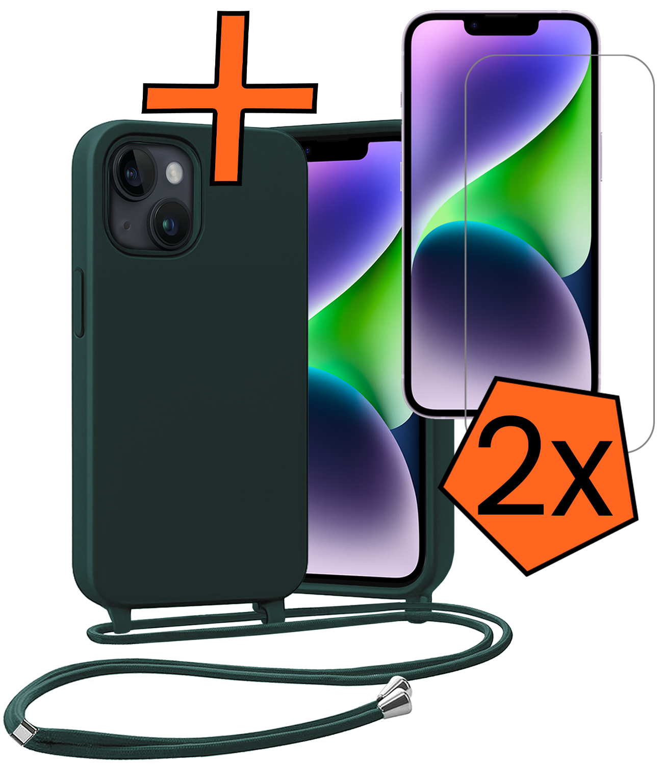 Nomfy Nomfy iPhone 13 Mini Hoesje Met Koord Met 2x Screenprotector - Donkergroen