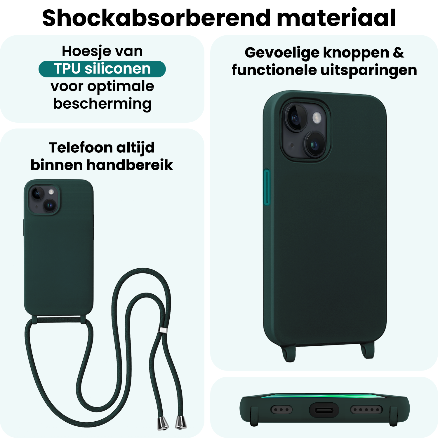 Forterra Forterra iPhone 13 Mini Hoesje Met Koord Met 2x Screenprotector - Donkergroen
