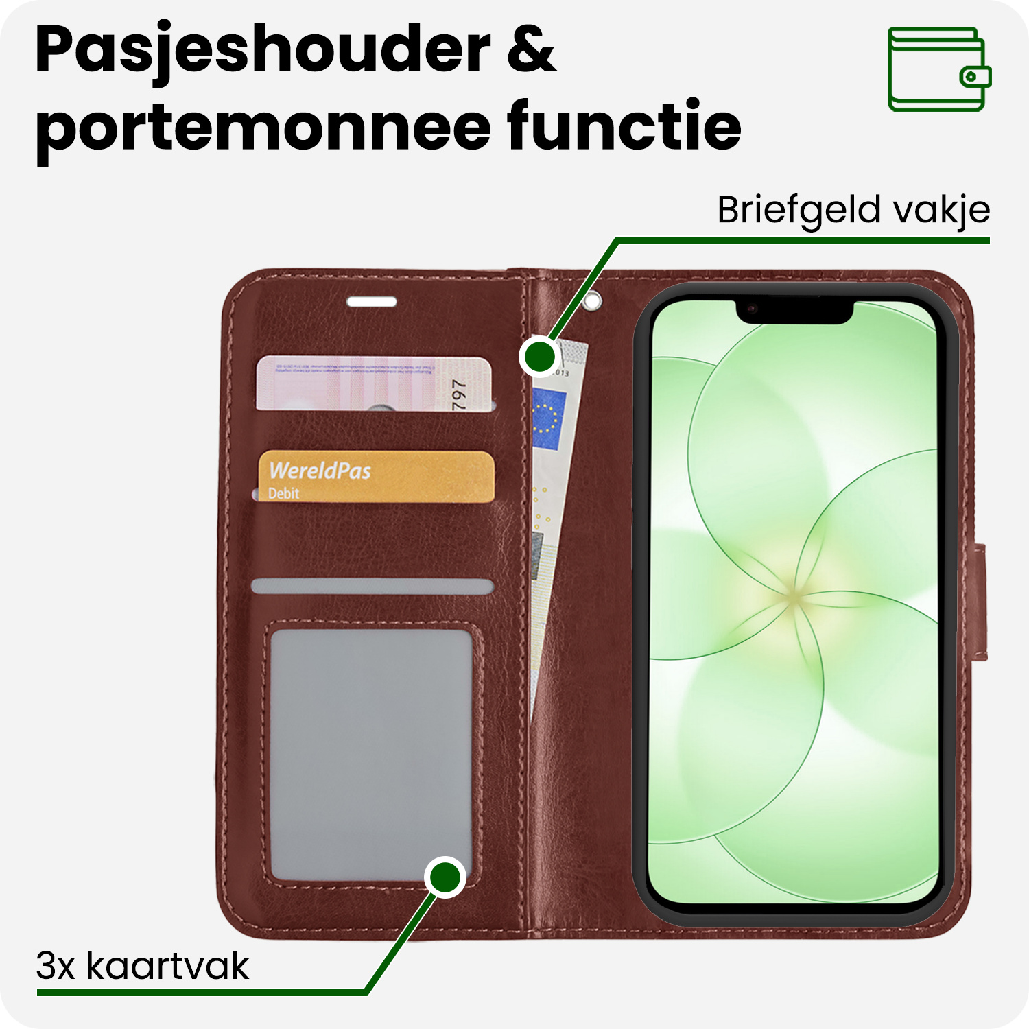 BASEY. BASEY. iPhone 17e Hoesje Bookcase Met 2x Screenprotector - Bruin