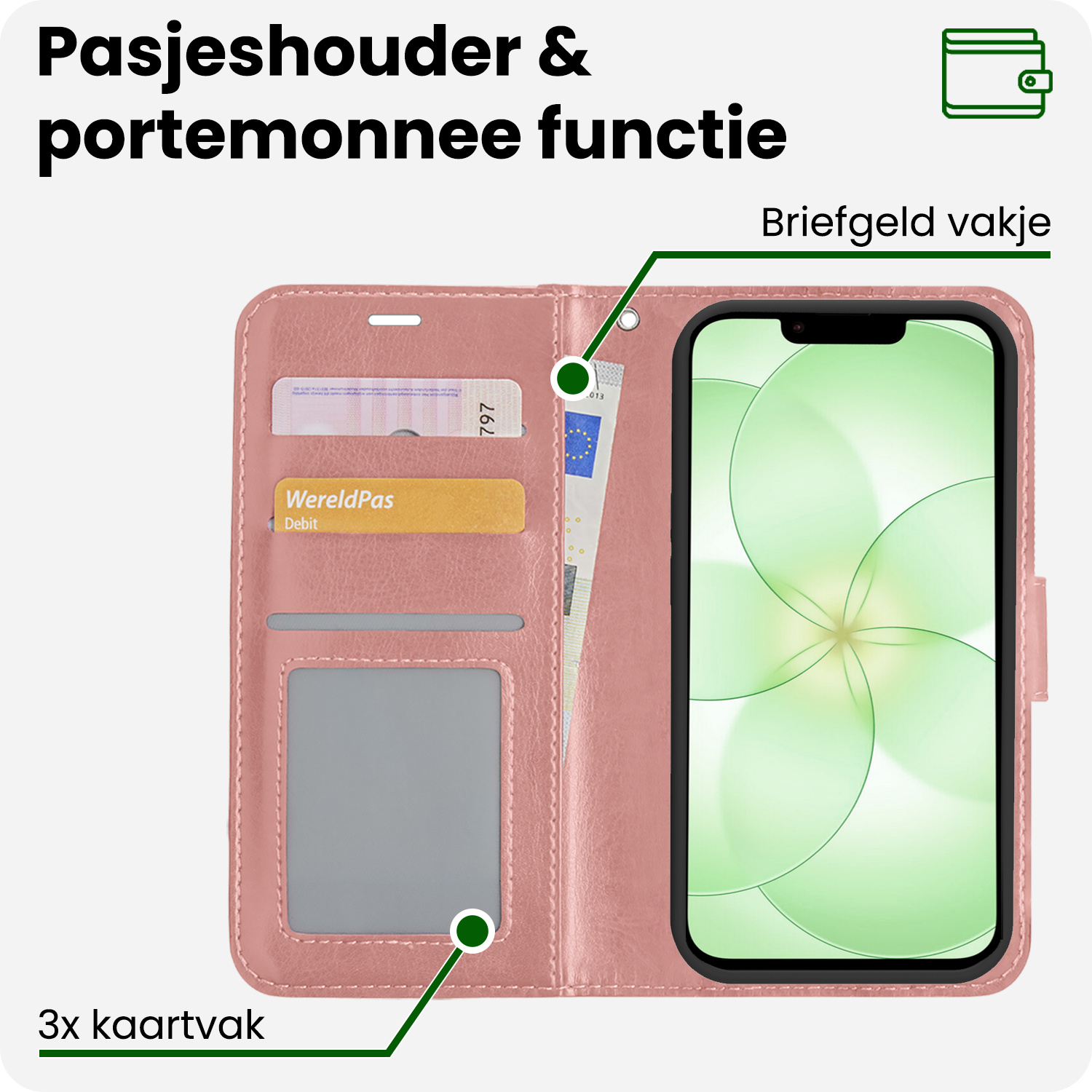 BASEY. BASEY. iPhone 17e Hoesje Bookcase Met 2x Screenprotector - Rose Goud