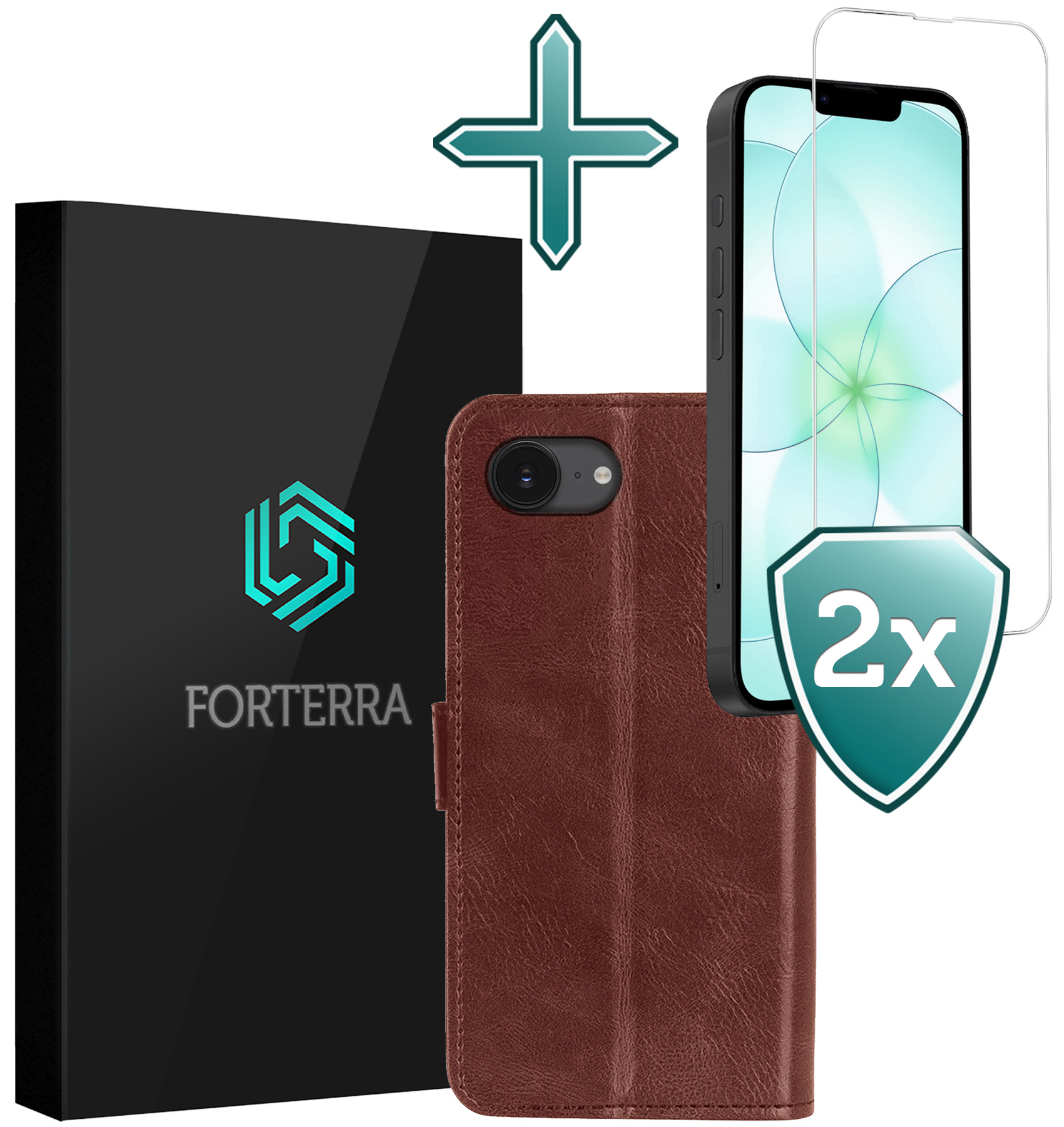 Forterra Forterra iPhone 17e Hoesje Bookcase Met 2x Screenprotector - Bruin