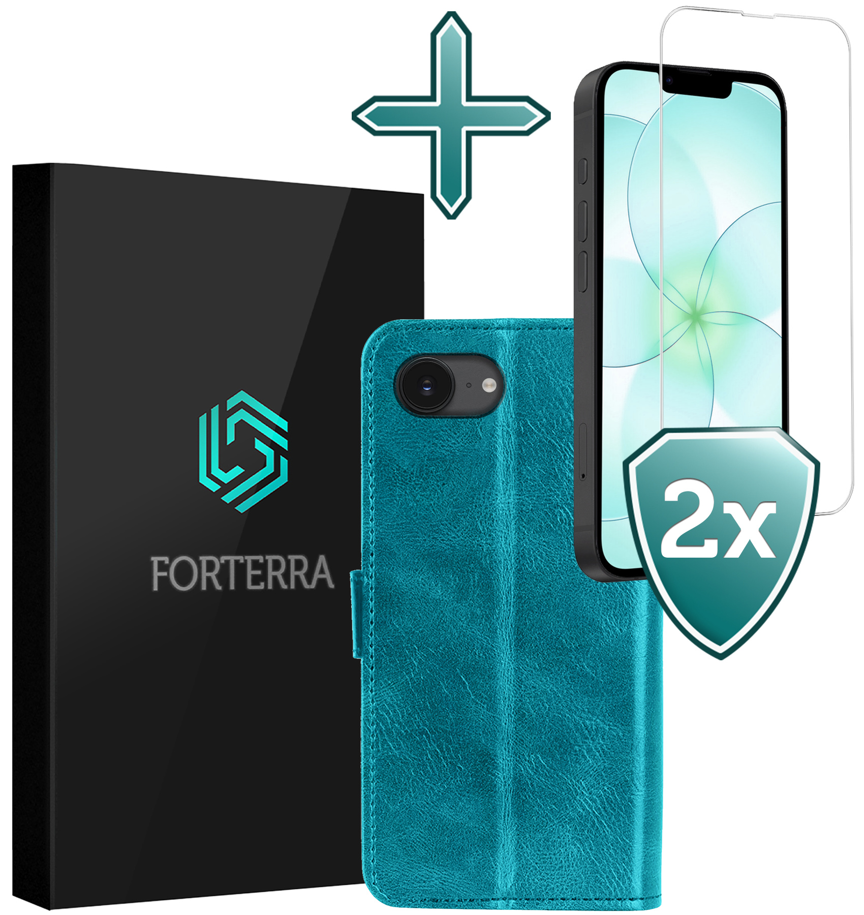 Forterra Forterra iPhone 17e Hoesje Bookcase Met 2x Screenprotector - Turquoise