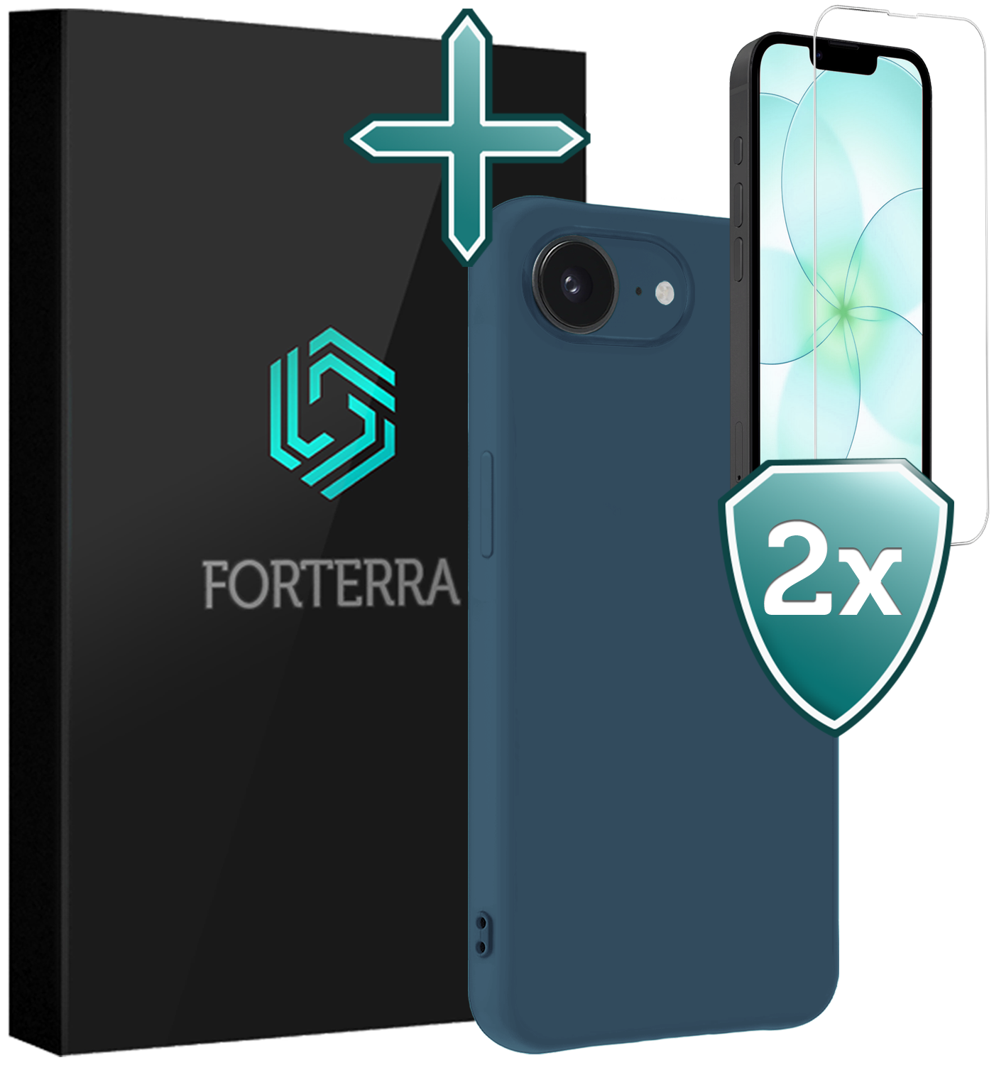 Forterra Forterra iPhone 17e Hoesje Siliconen Met 2x Screenprotector Met Dichte Notch - Donkerblauw