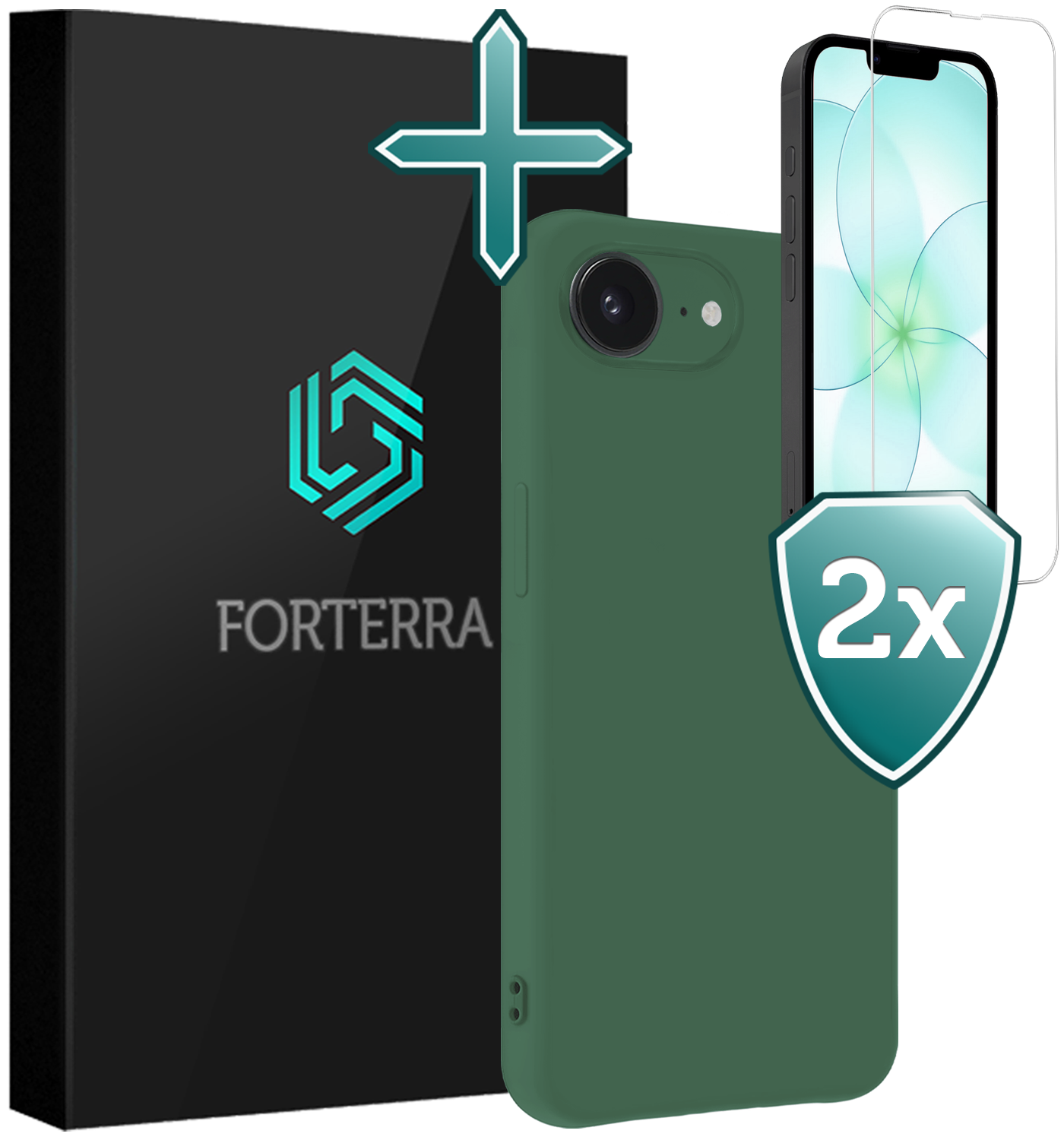 Forterra Forterra iPhone 17e Hoesje Siliconen Met 2x Screenprotector Met Dichte Notch - Donkergroen
