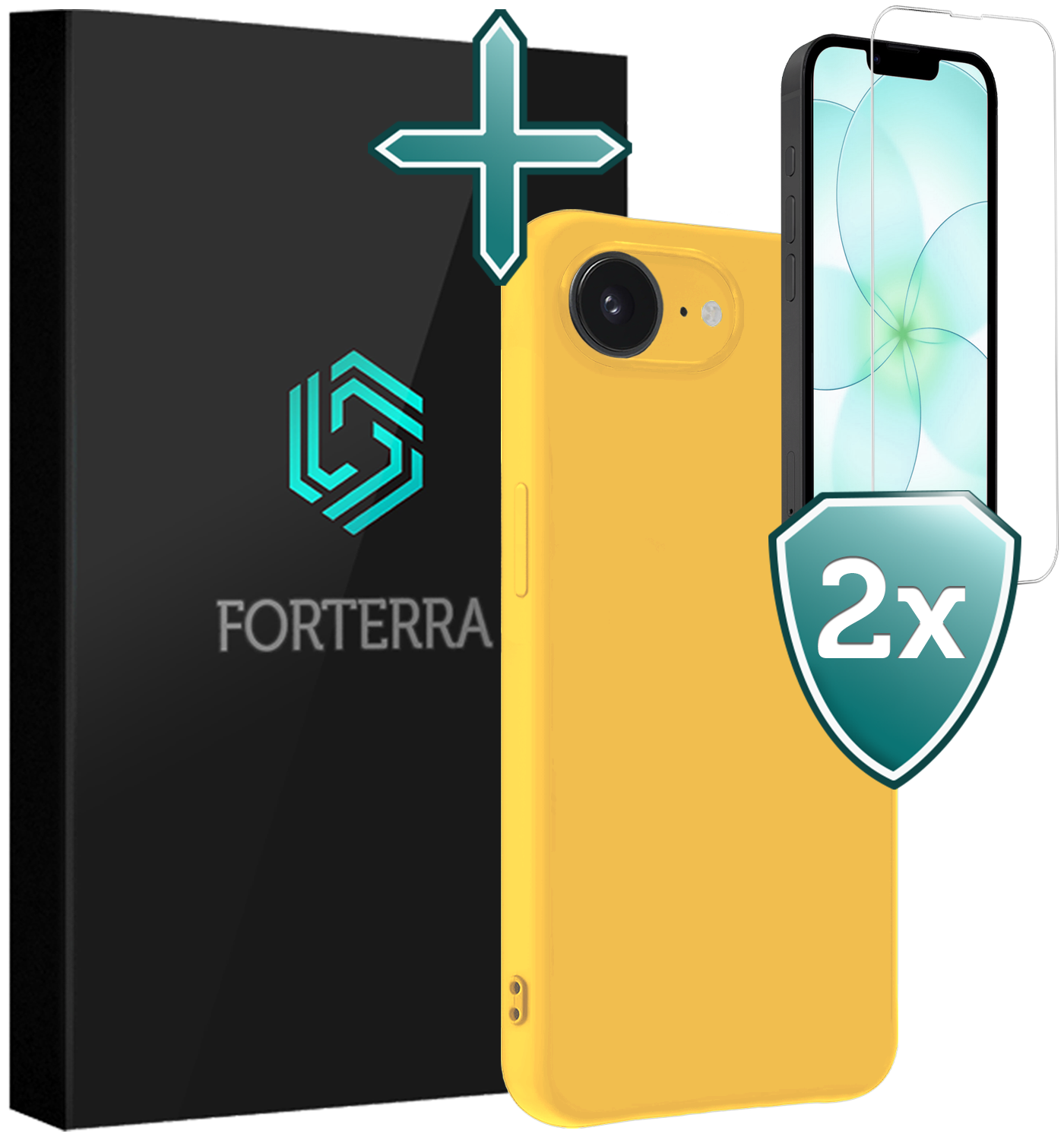Forterra Forterra iPhone 17e Hoesje Siliconen Met 2x Screenprotector Met Dichte Notch - Geel