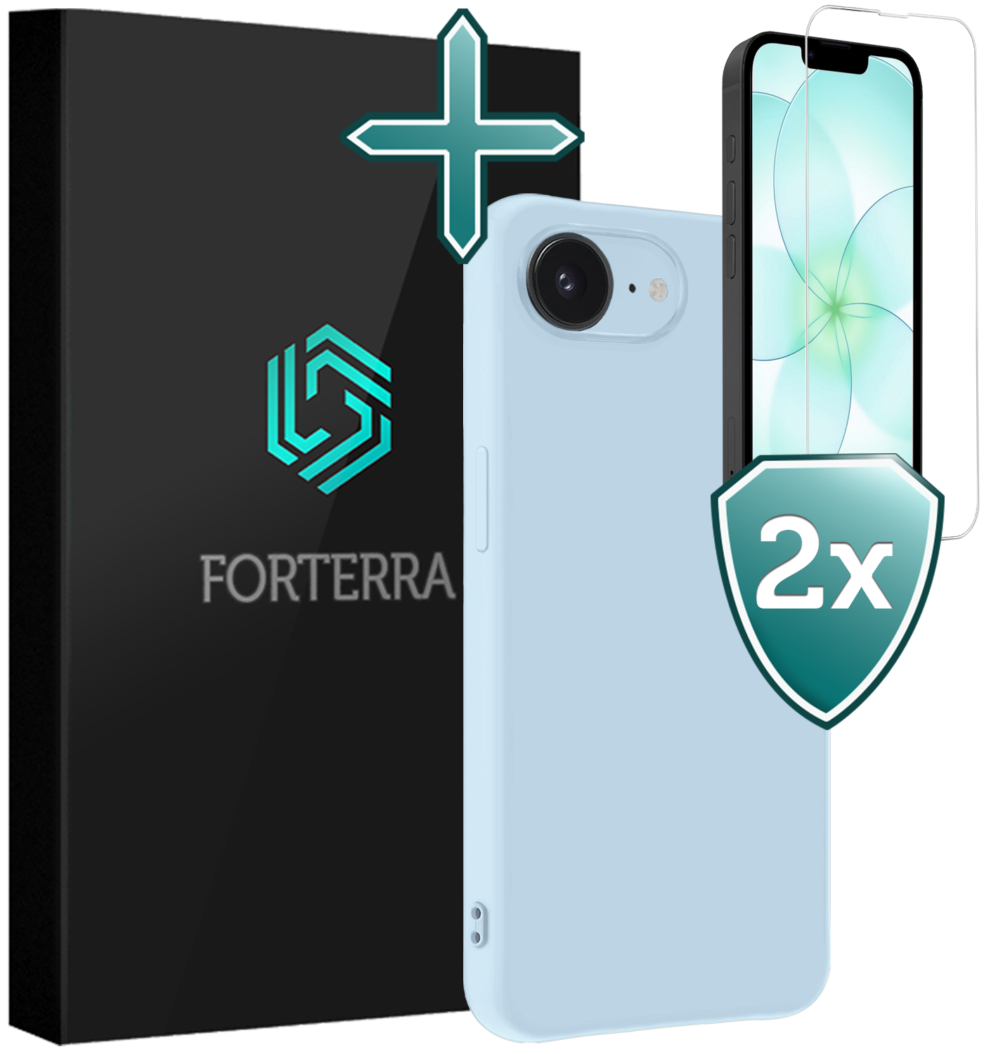 Forterra Forterra iPhone 17e Hoesje Siliconen Met 2x Screenprotector Met Dichte Notch - Lichtblauw