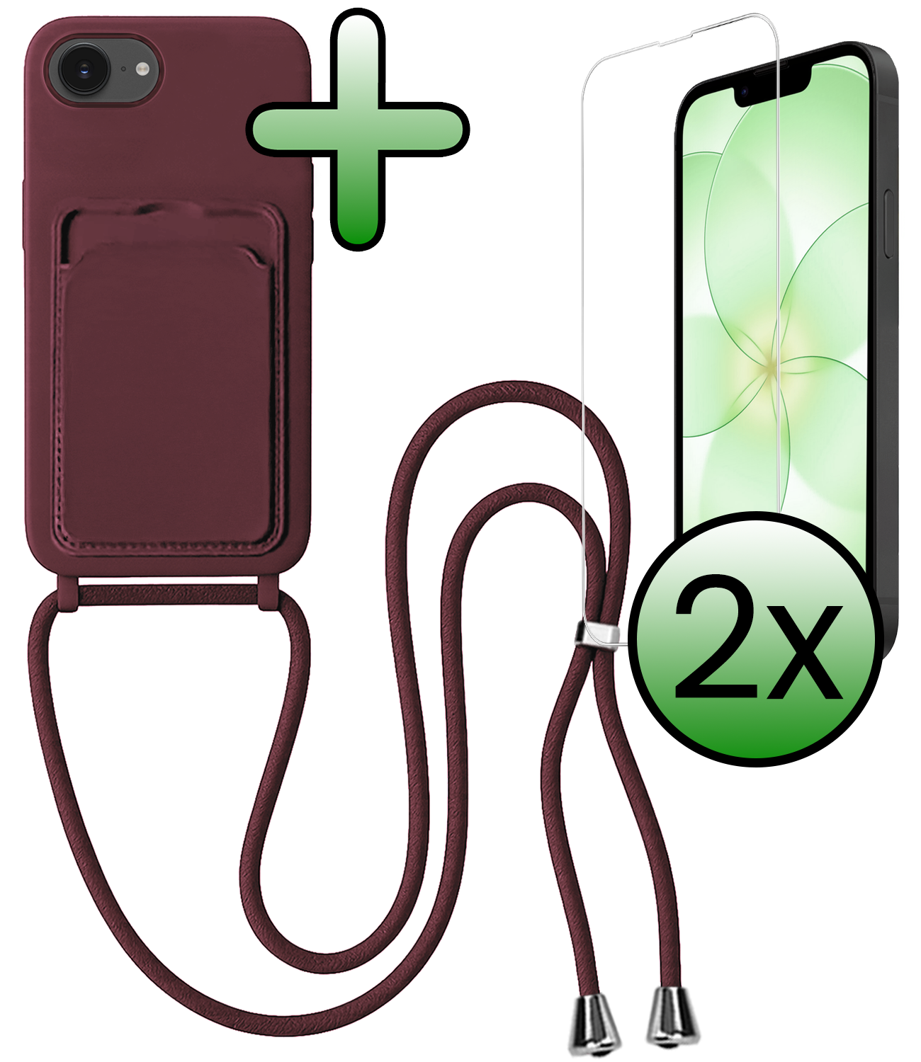 BASEY. BASEY. iPhone 17e Hoesje Pashouder met Koord Met 2x Screenprotector - Aubergine