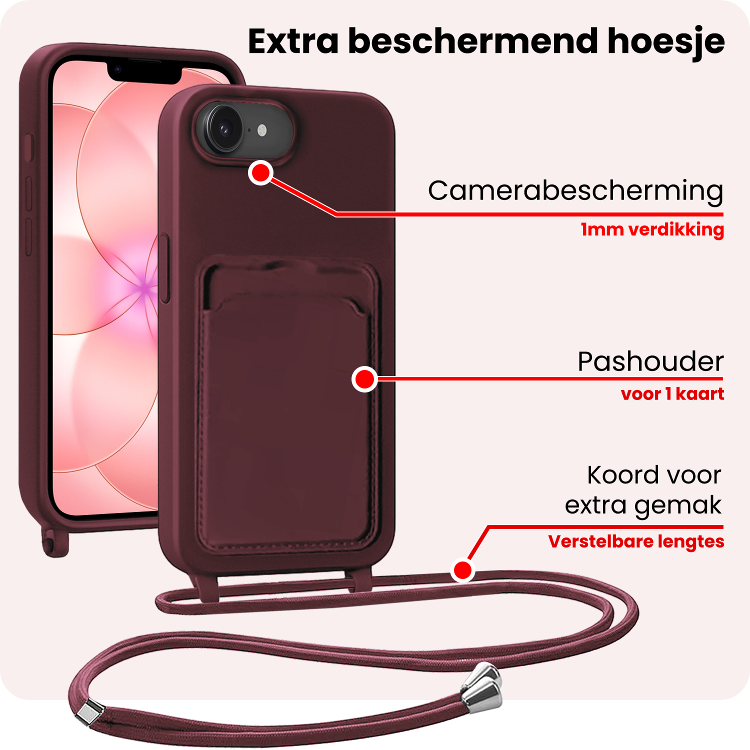 NoXx NoXx iPhone 17e Hoesje Pashouder met Koord - Aubergine