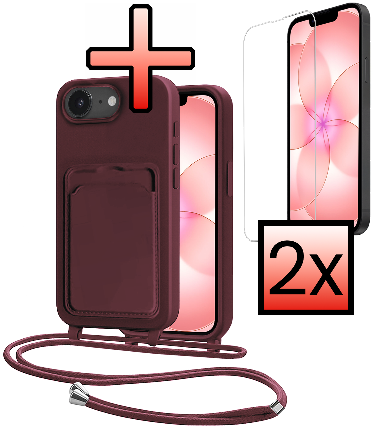 NoXx NoXx iPhone 17e Hoesje Pashouder met Koord Met 2x Screenprotector - Aubergine