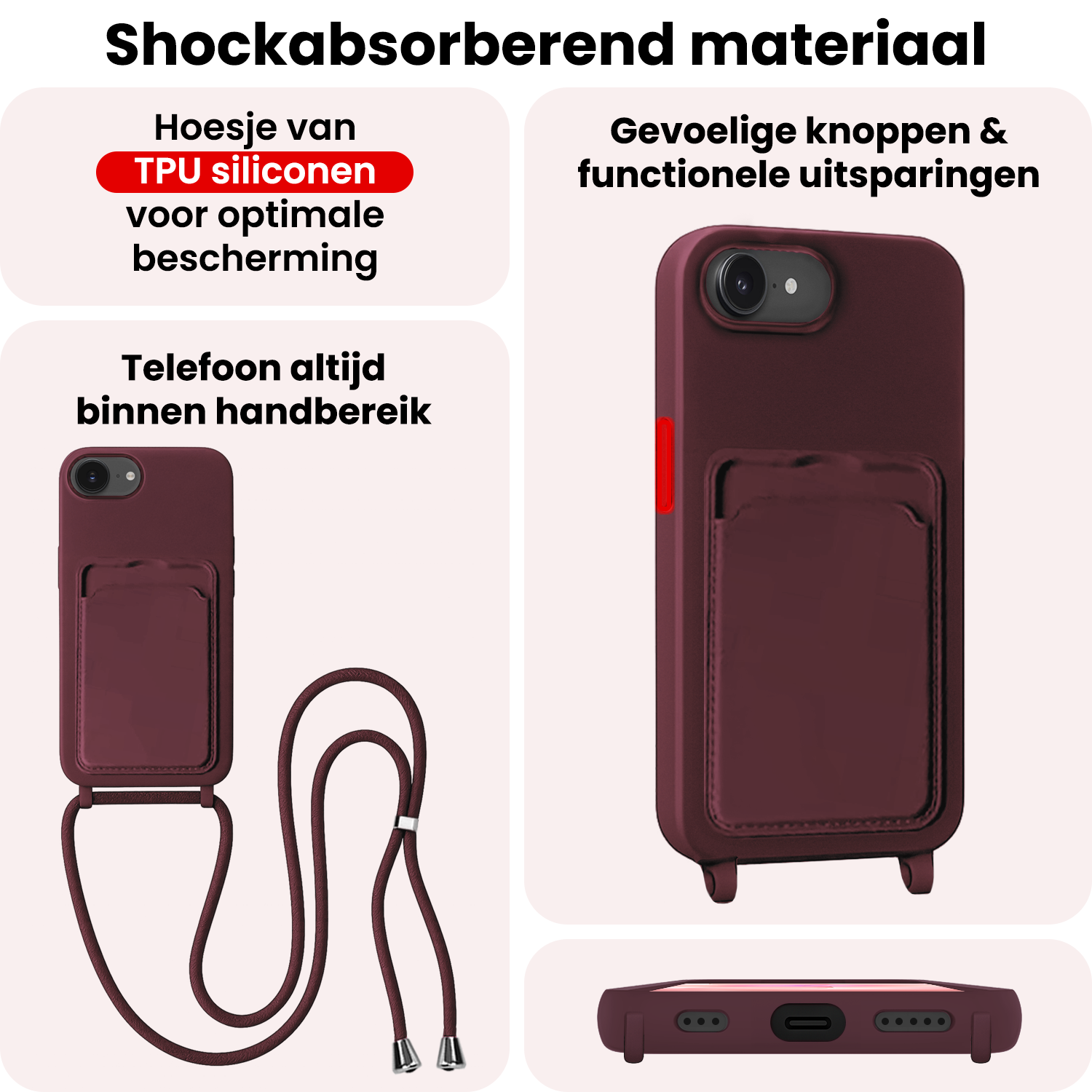 NoXx NoXx iPhone 17e Hoesje Pashouder met Koord Met Screenprotector - Aubergine