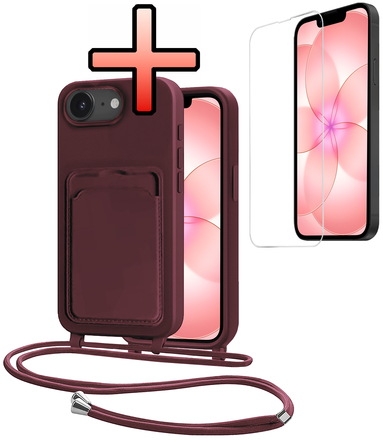 NoXx NoXx iPhone 17e Hoesje Pashouder met Koord Met Screenprotector - Aubergine