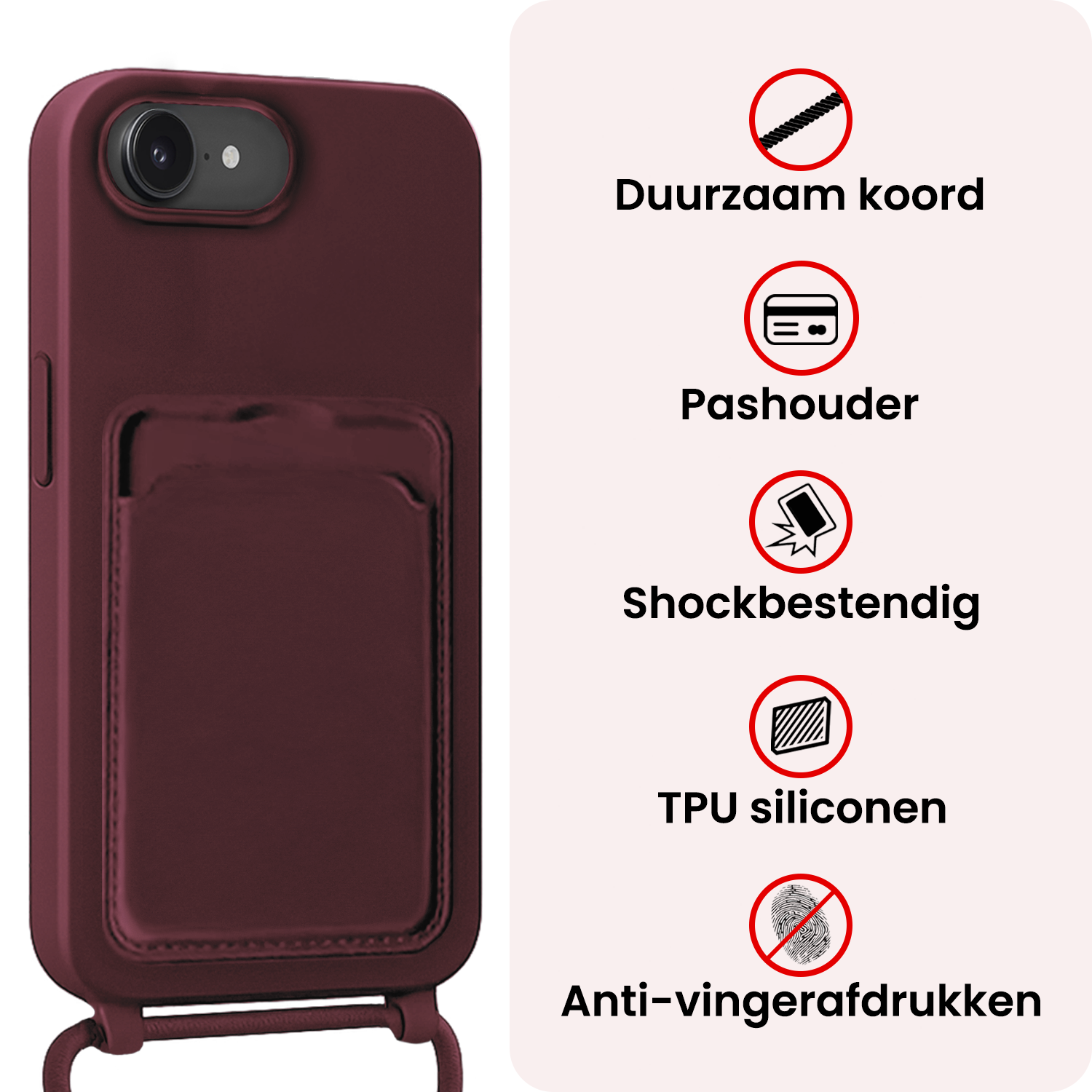 NoXx NoXx iPhone 17e Hoesje Pashouder met Koord Met 2x Screenprotector - Aubergine
