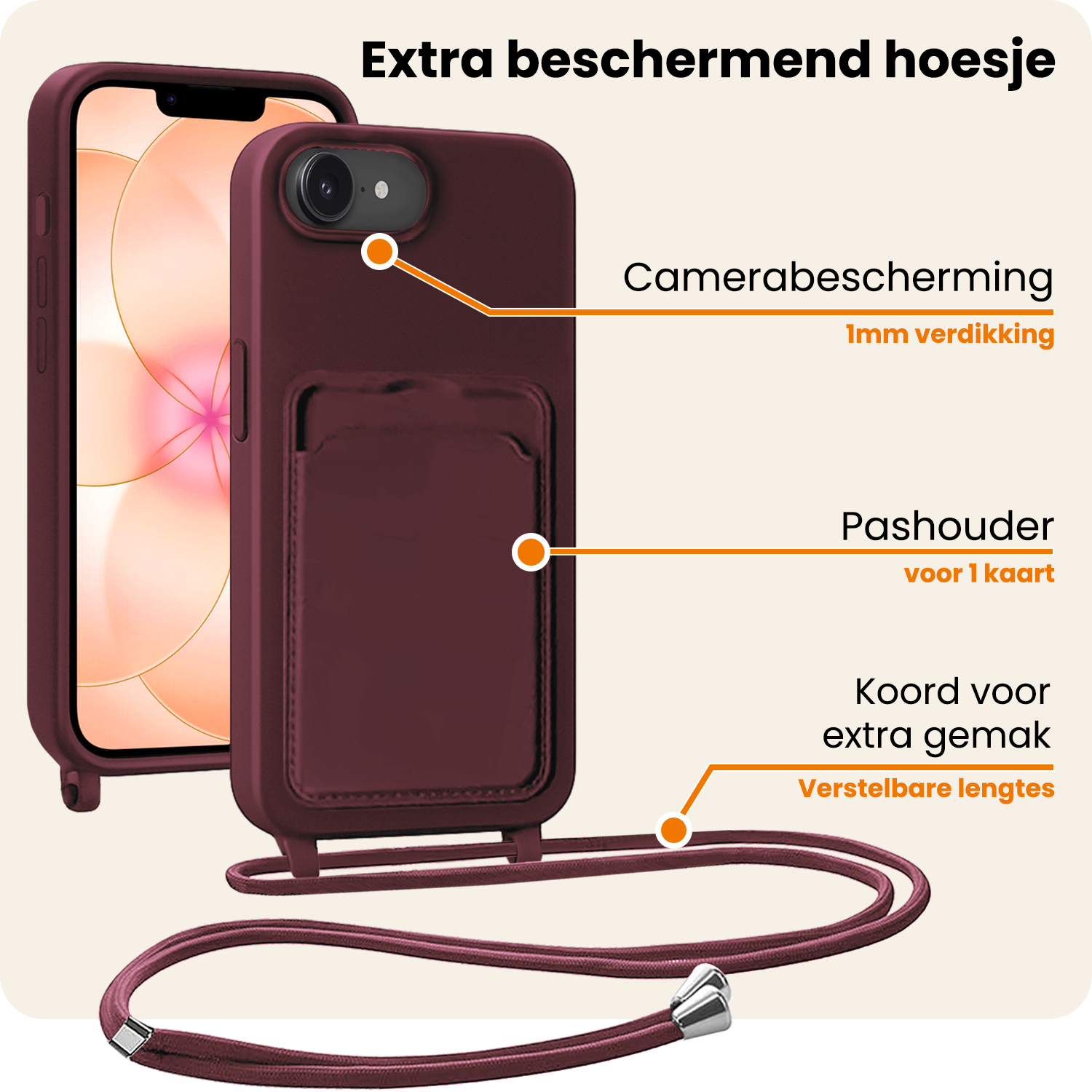 Nomfy Nomfy iPhone 17e Hoesje Pashouder met Koord - Aubergine - 2 PACK