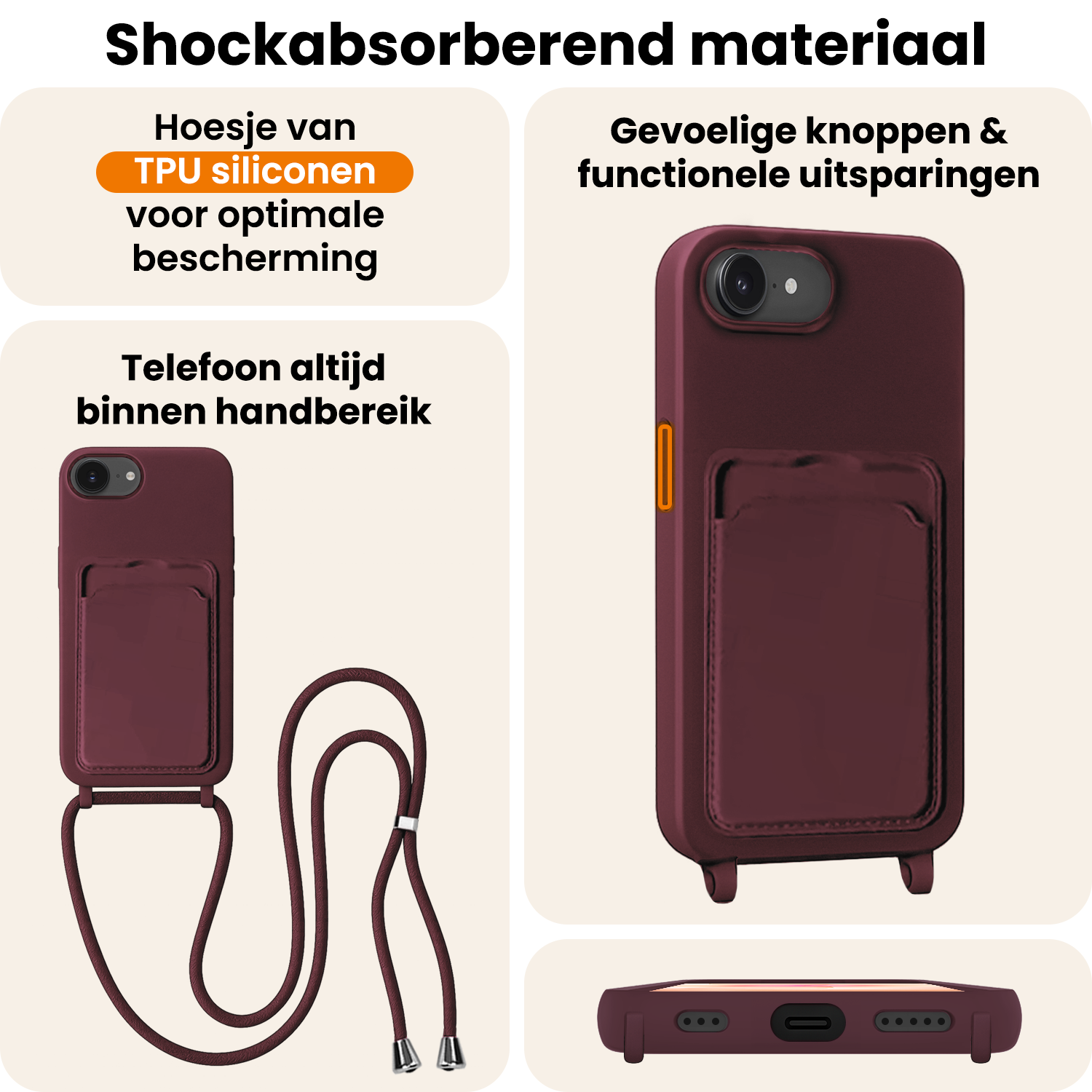 Nomfy Nomfy iPhone 17e Hoesje Pashouder met Koord - Aubergine - 2 PACK