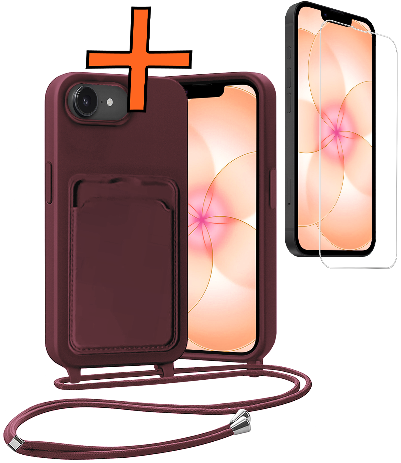 Nomfy Nomfy iPhone 17e Hoesje Pashouder met Koord Met Screenprotector - Aubergine